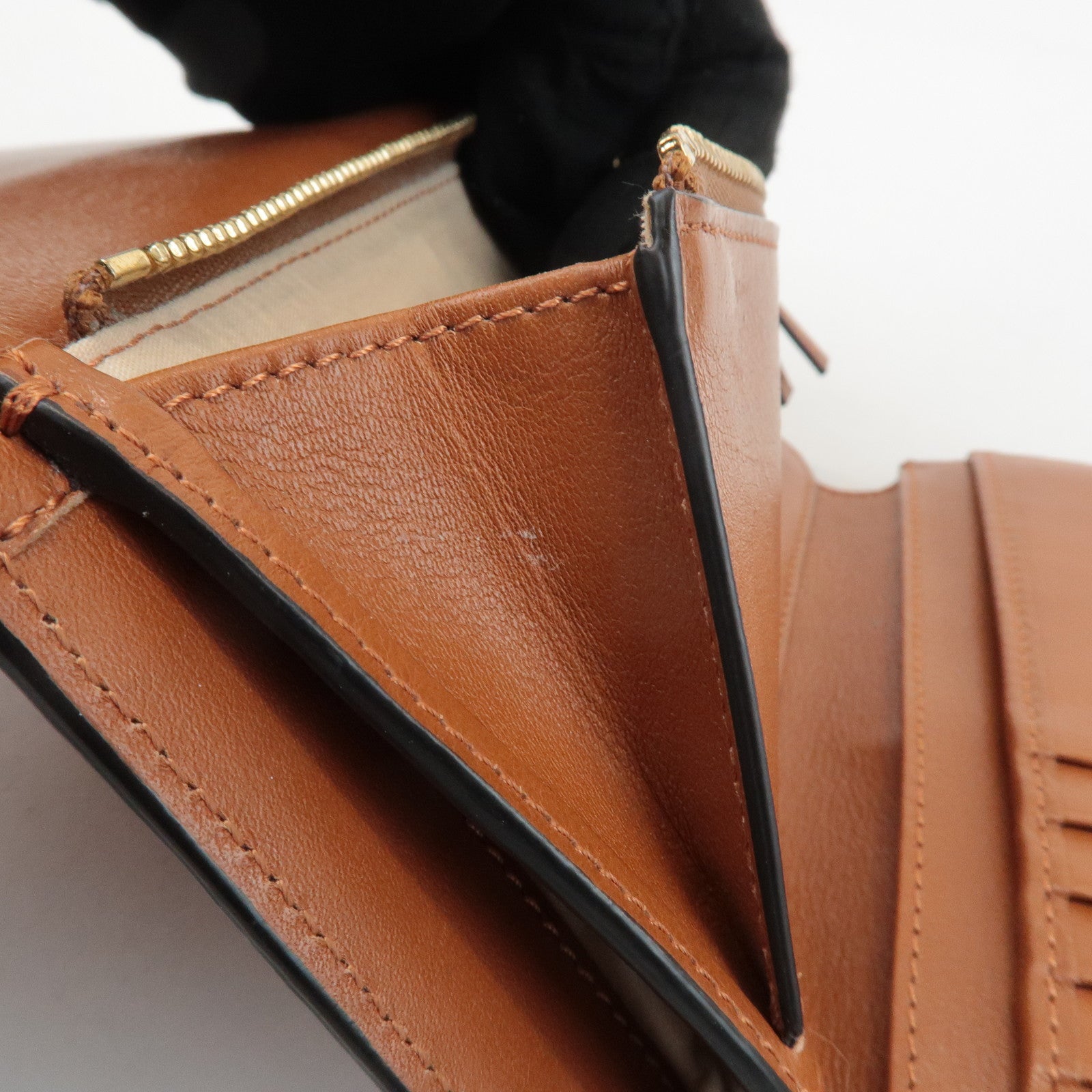 CHLOE Alphabet Leather Small Tri-fold Compact Wallet Brown Used