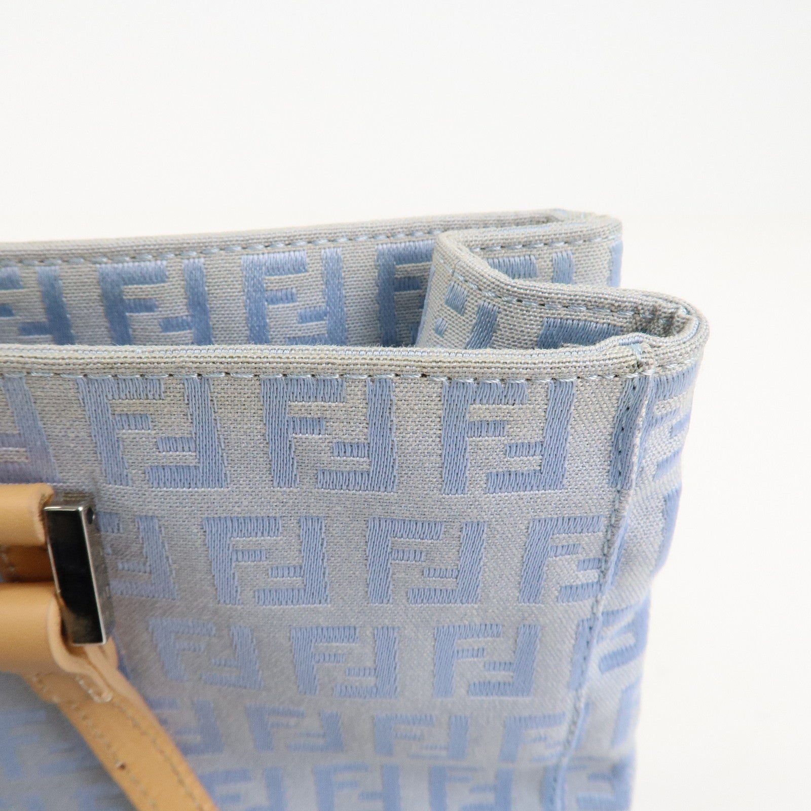 FENDI Zucchino Canvas Leather Tote Bag Light Blue Beige