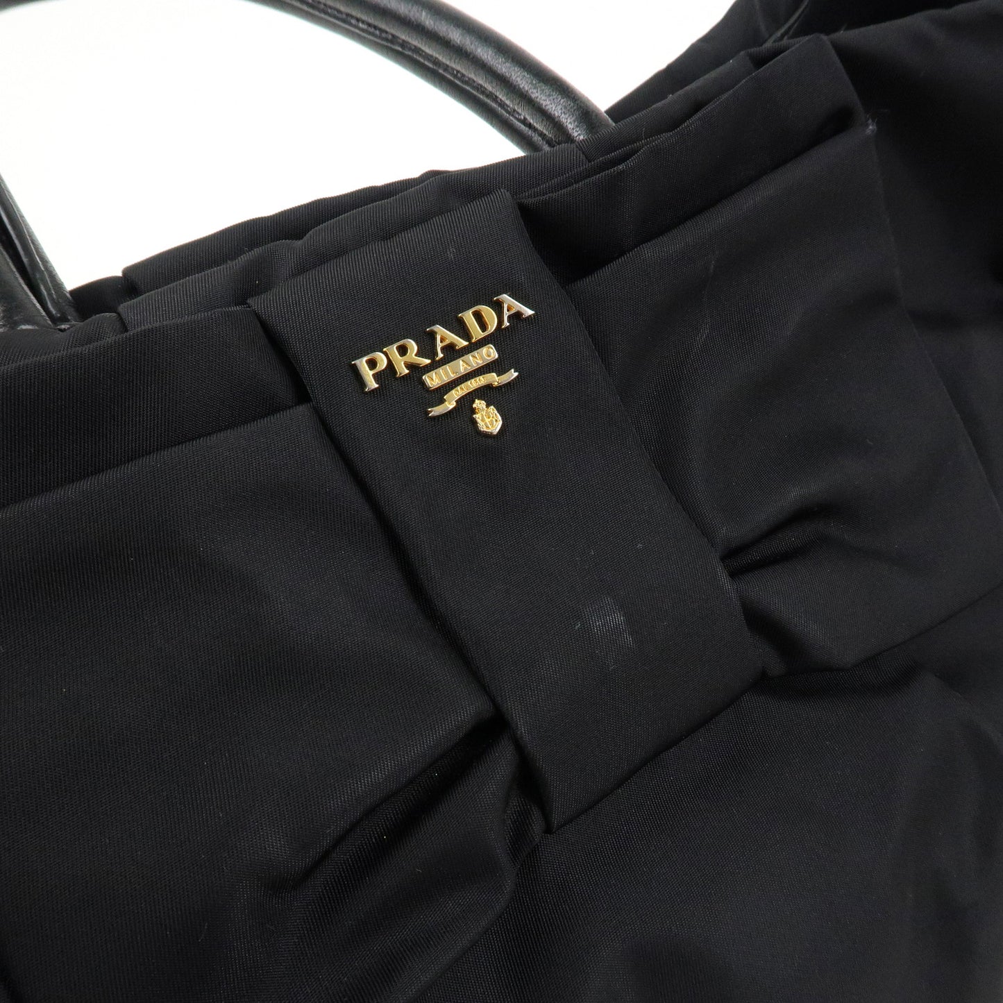 PRADA Nylon Leather Ribbon Hand Bag Tote Bag Black Nero Gold HDW