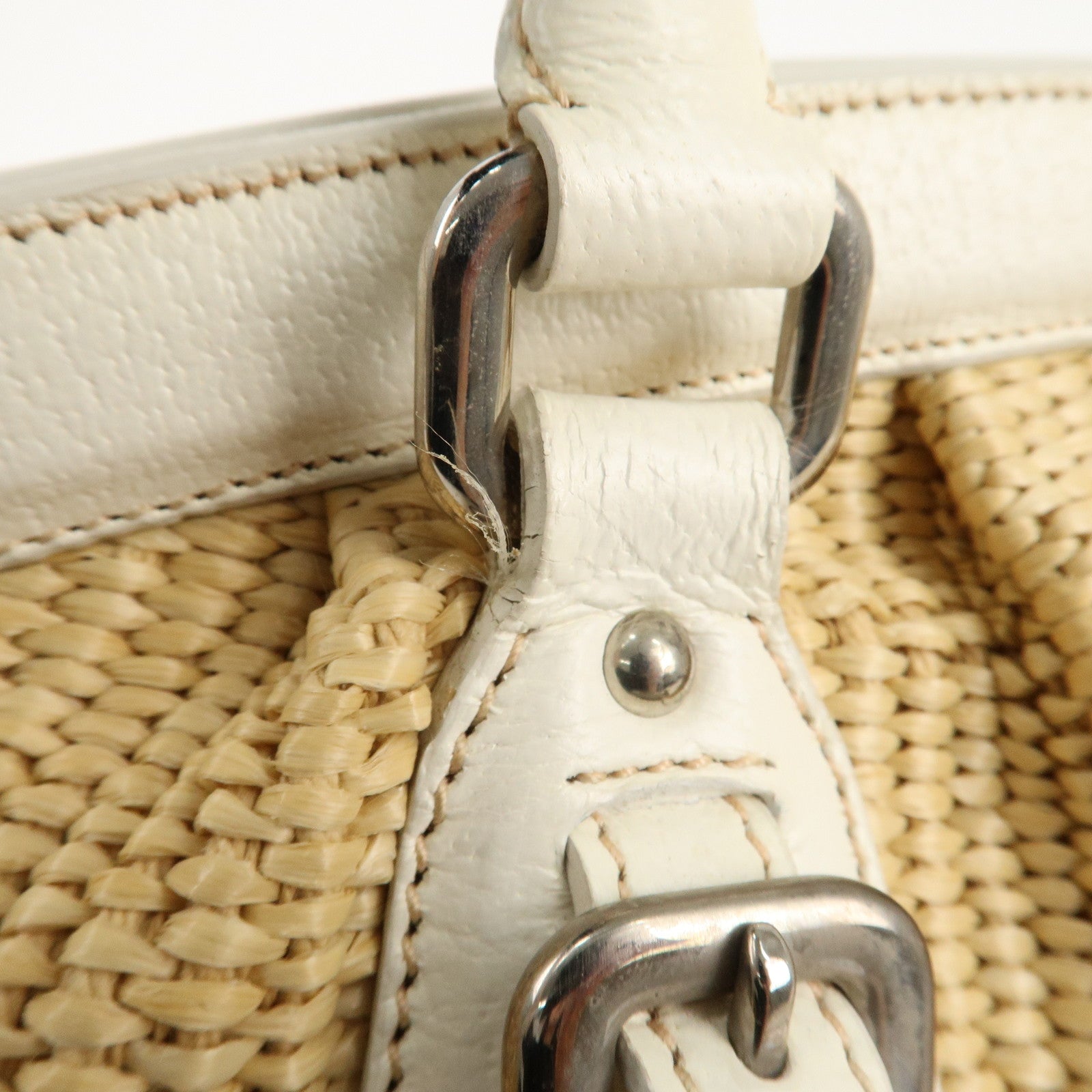 PRADA Logo Raffia Leather Hand Bag Shoulder Bag Ivory BR3508