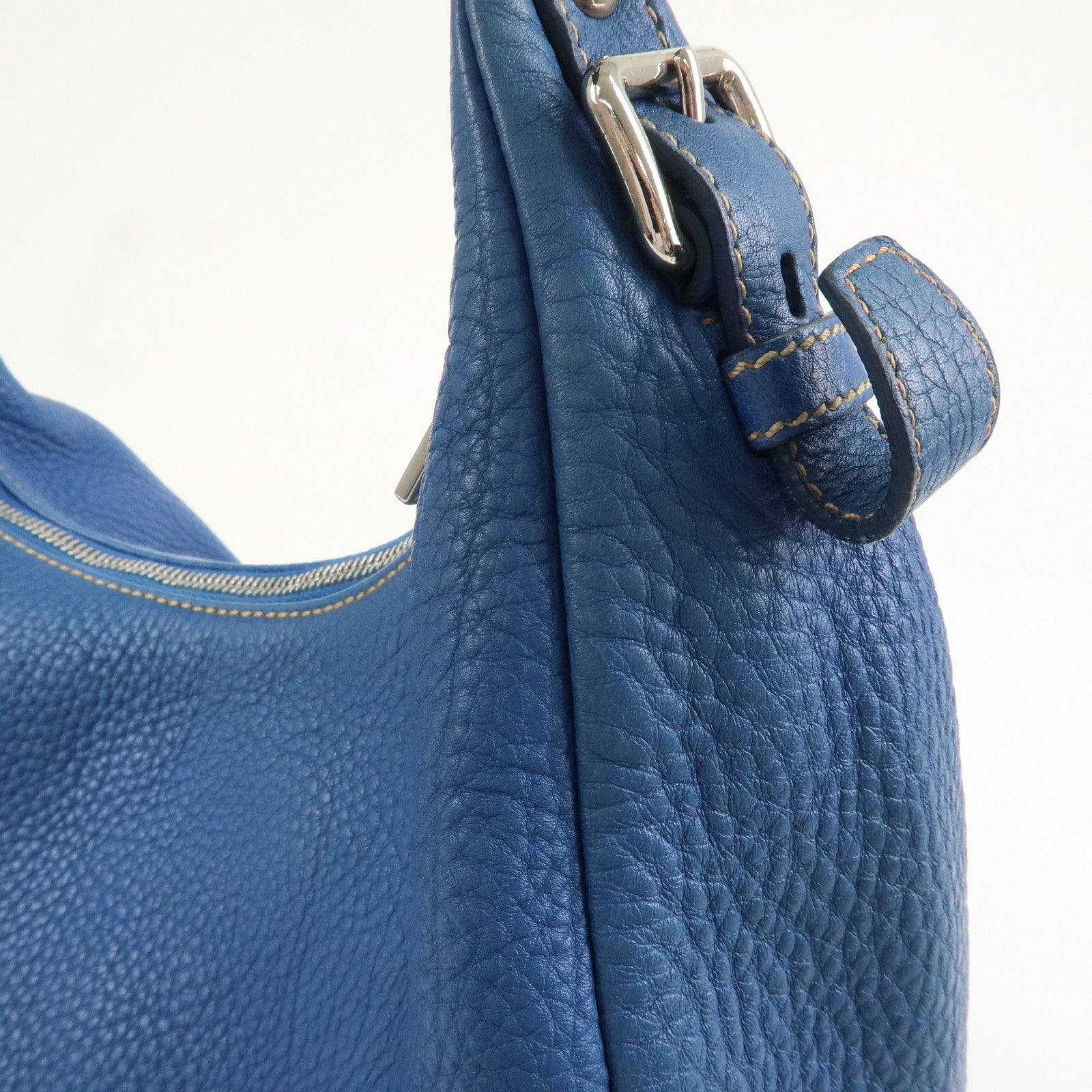 PRADA Logo Leather Shoulder Bag Blue Silver HDW