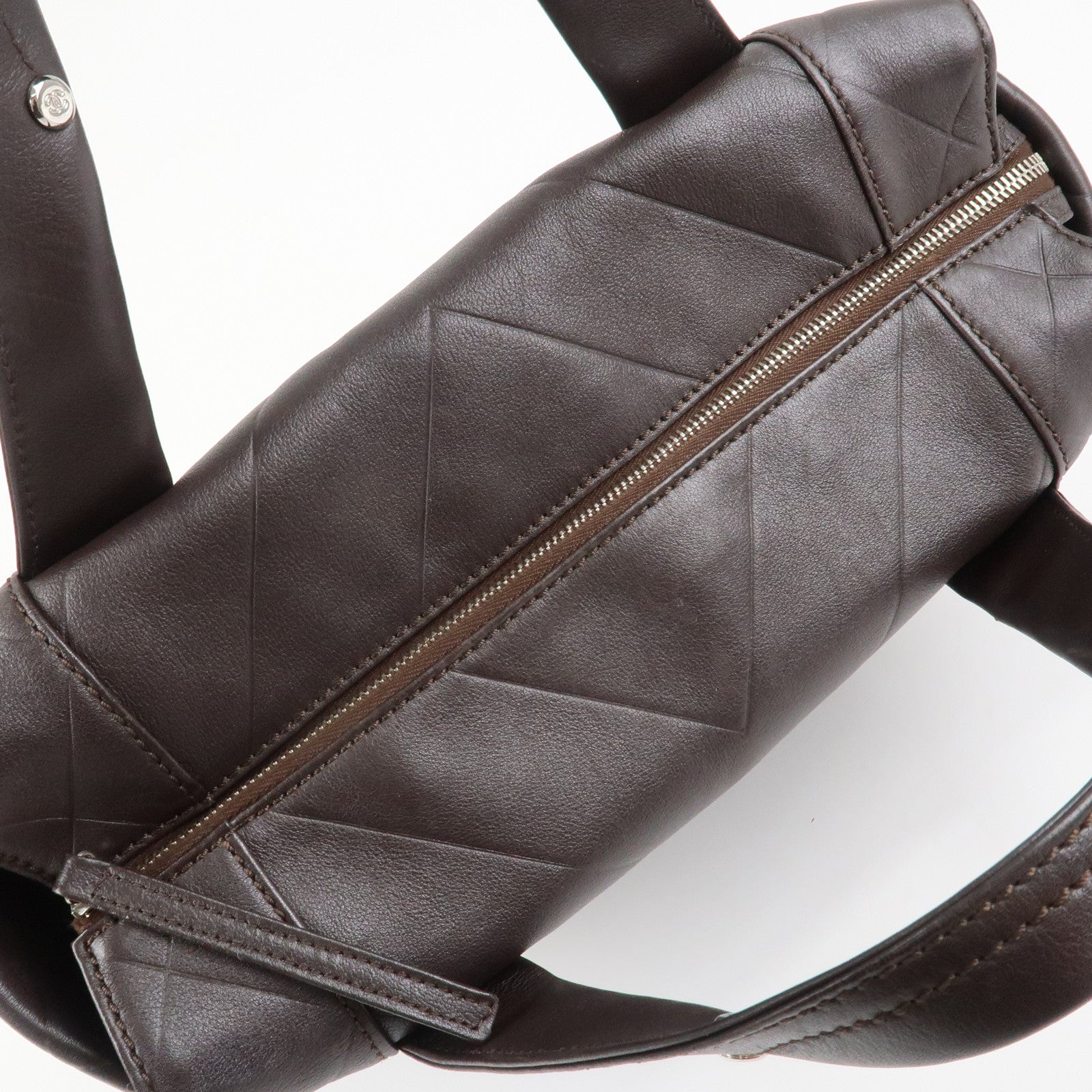 CHANEL COCO Mark Shevron Lamb Skin V Stich Tote Bag Dark Brown Used