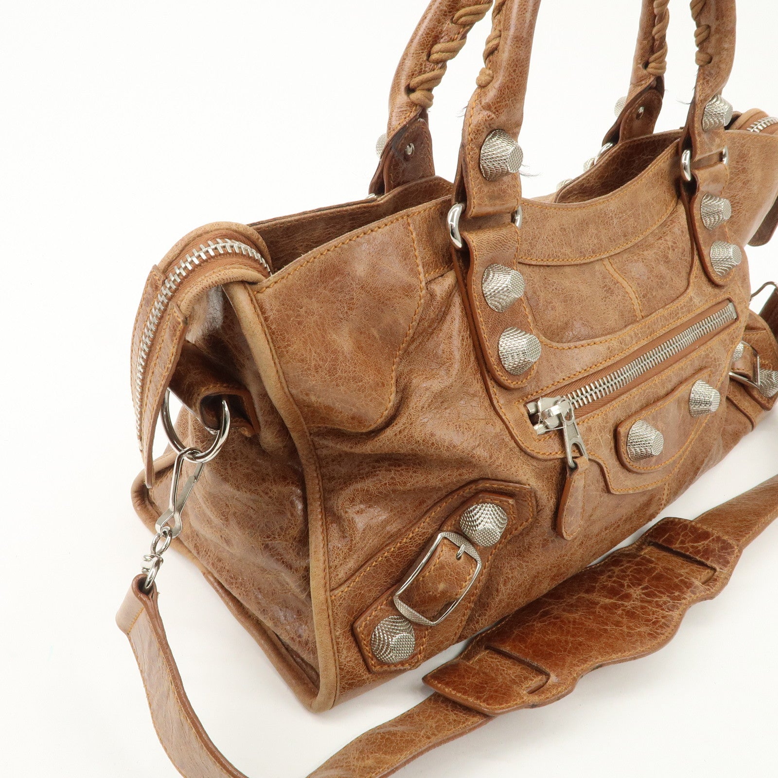 BALENCIAGA Giant City 2Way Bag Hand Bag Brown Silver HDW 173082 Used