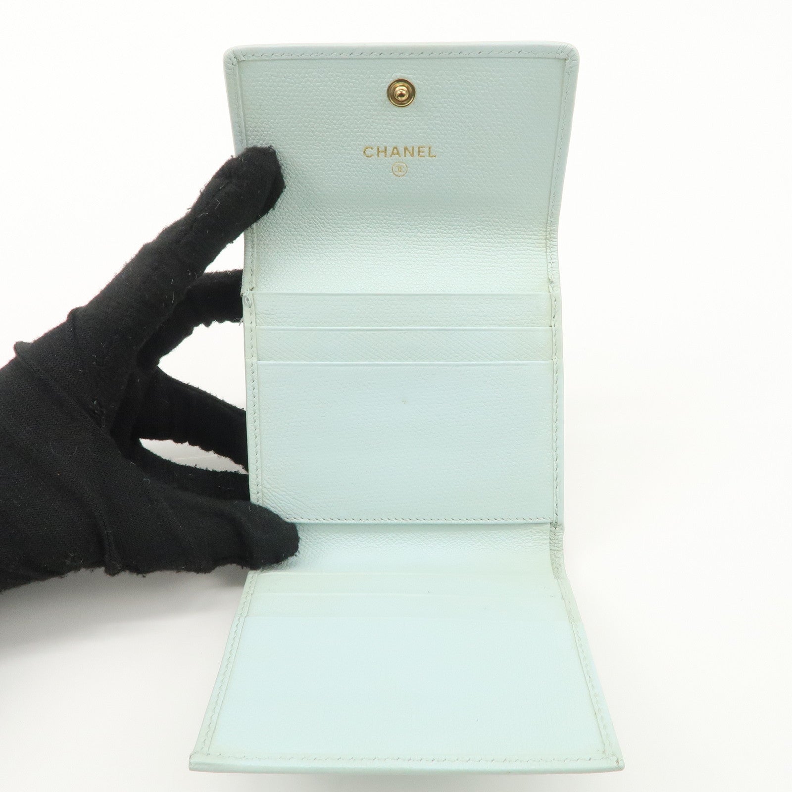 CHANEL COCO Button Leather Double Hook Wallet Mint blue A20902 Used