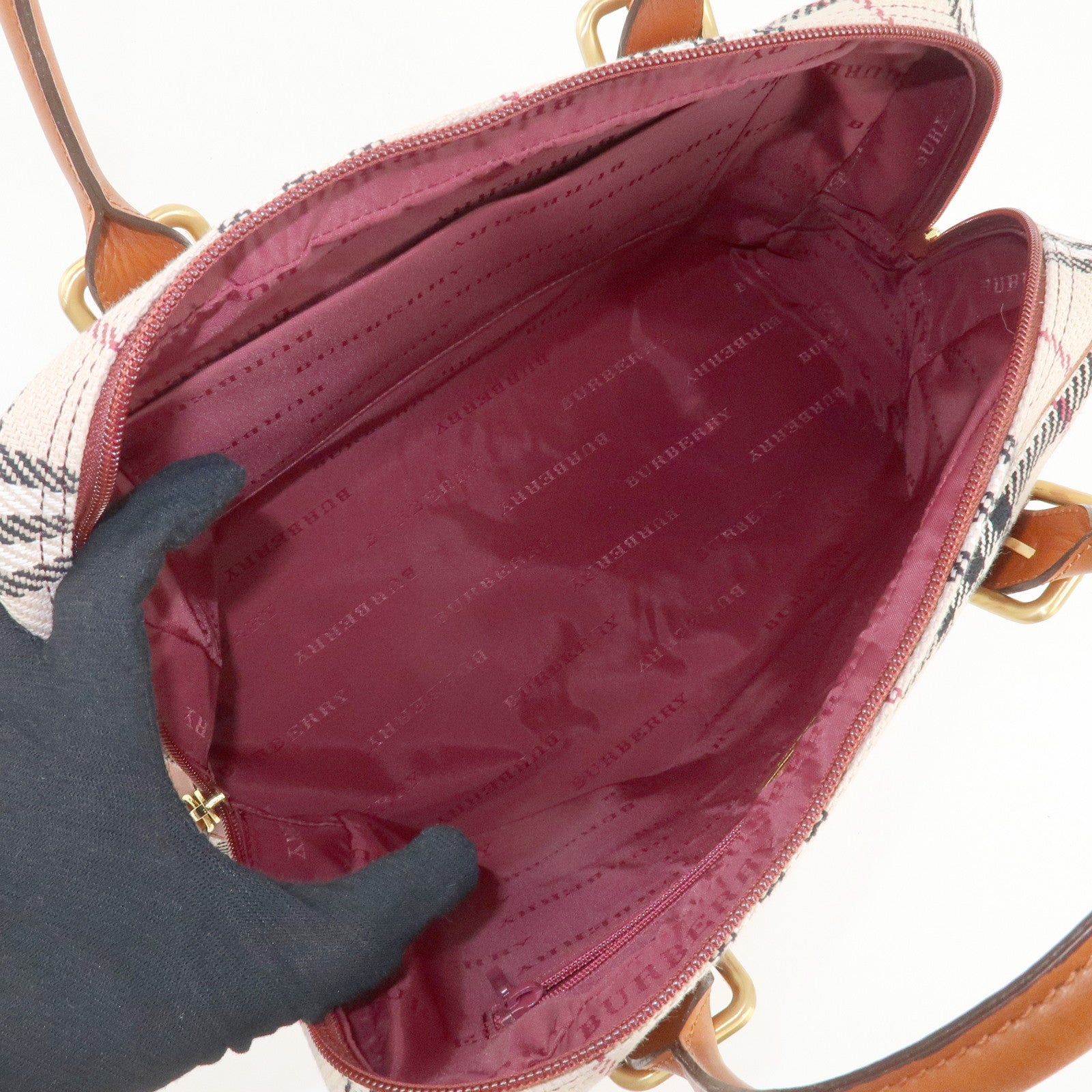 BURBERRY Leather Hand Bag Boston Bag Nova Plaid Brown Used