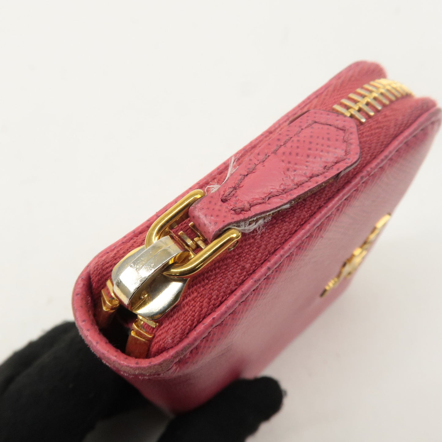 PRADA Logo Saffiano Leather Round Zipper Small Wallet Pink 1MM268