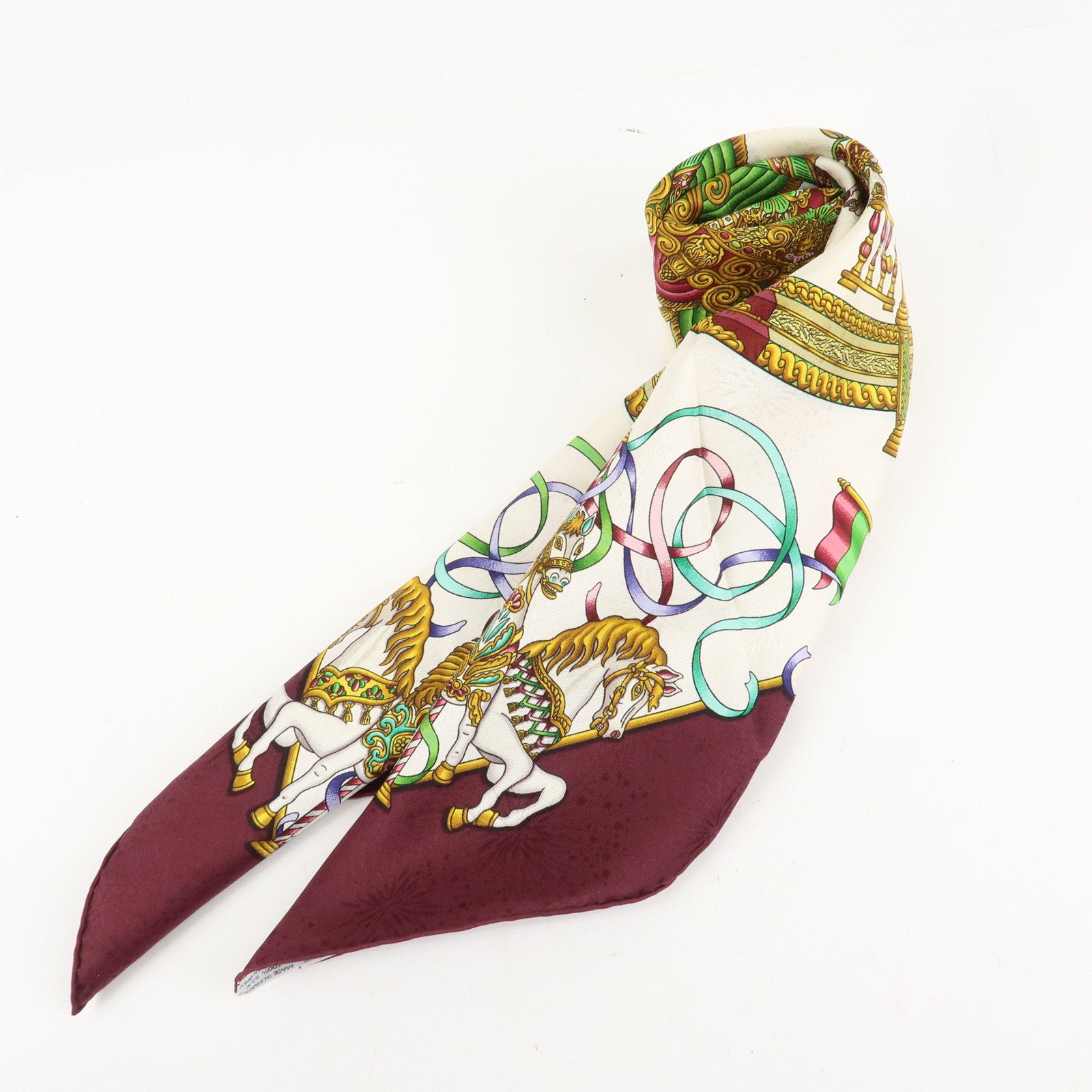 HERMES Carre 90 Silk 100% Scarf LUNA PARK Wine Red White Yellow Used