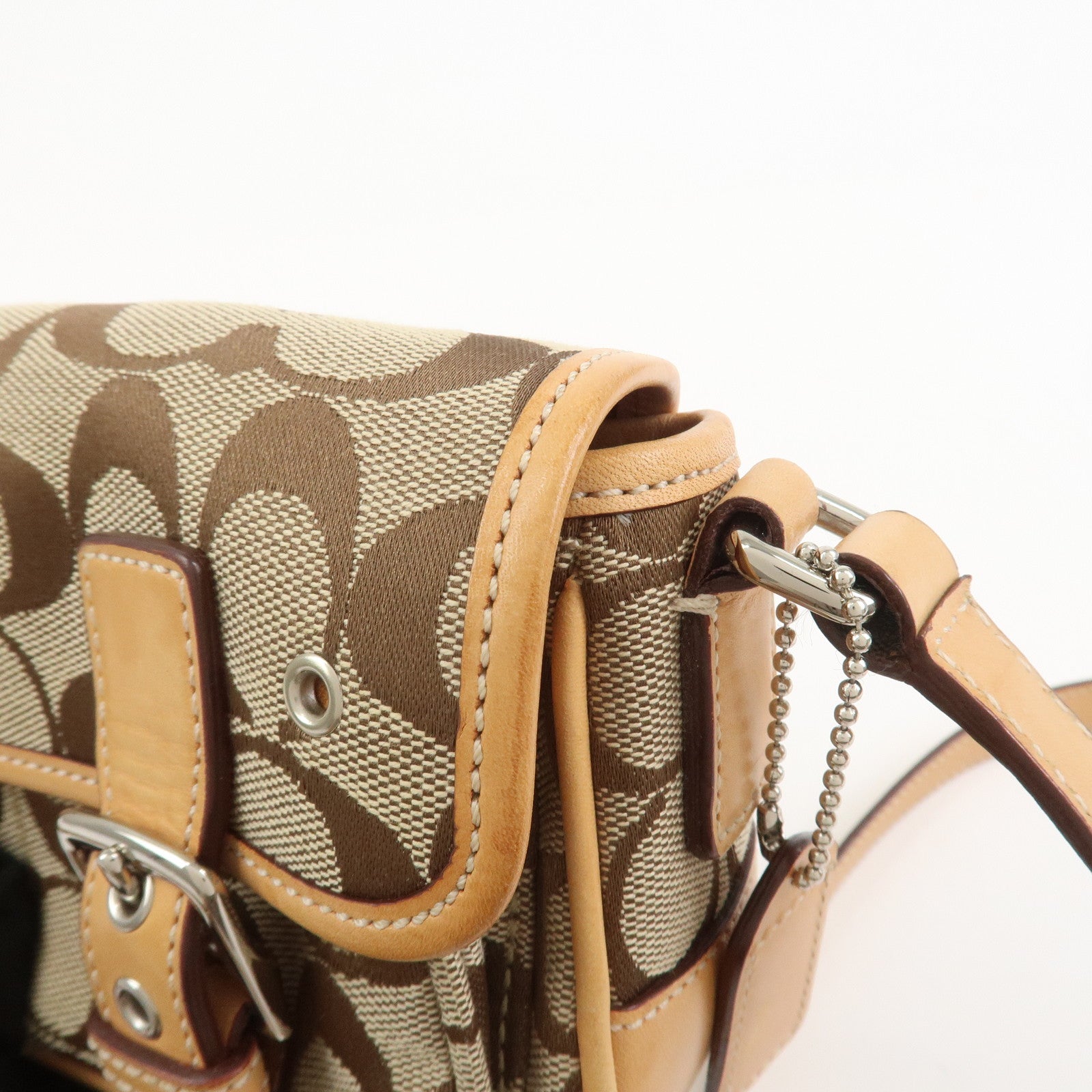 COACH Signature Canvas Leather Shoulder Bag Beige Light Brown