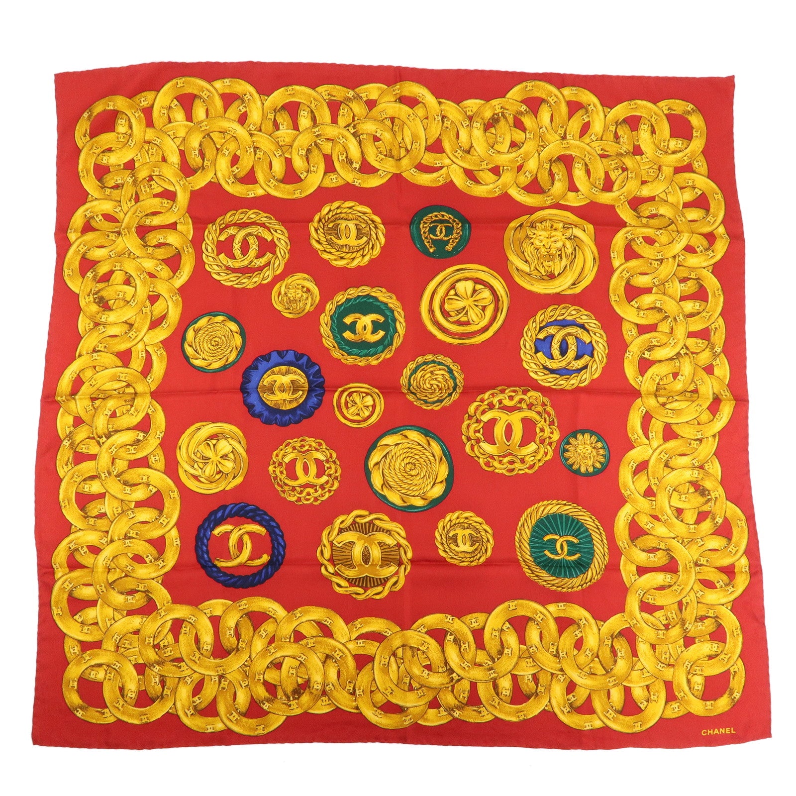 CHANEL COCO Mark Silk 100% Scarf Red Gold Multicolor