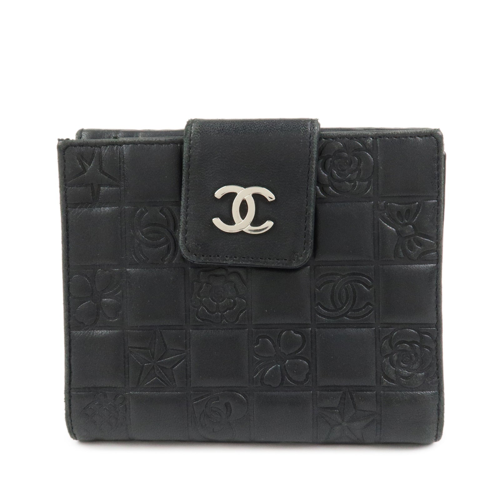 CHANEL Icon Line Lamb Skin W Flap Bi-fold Wallet Black A24212