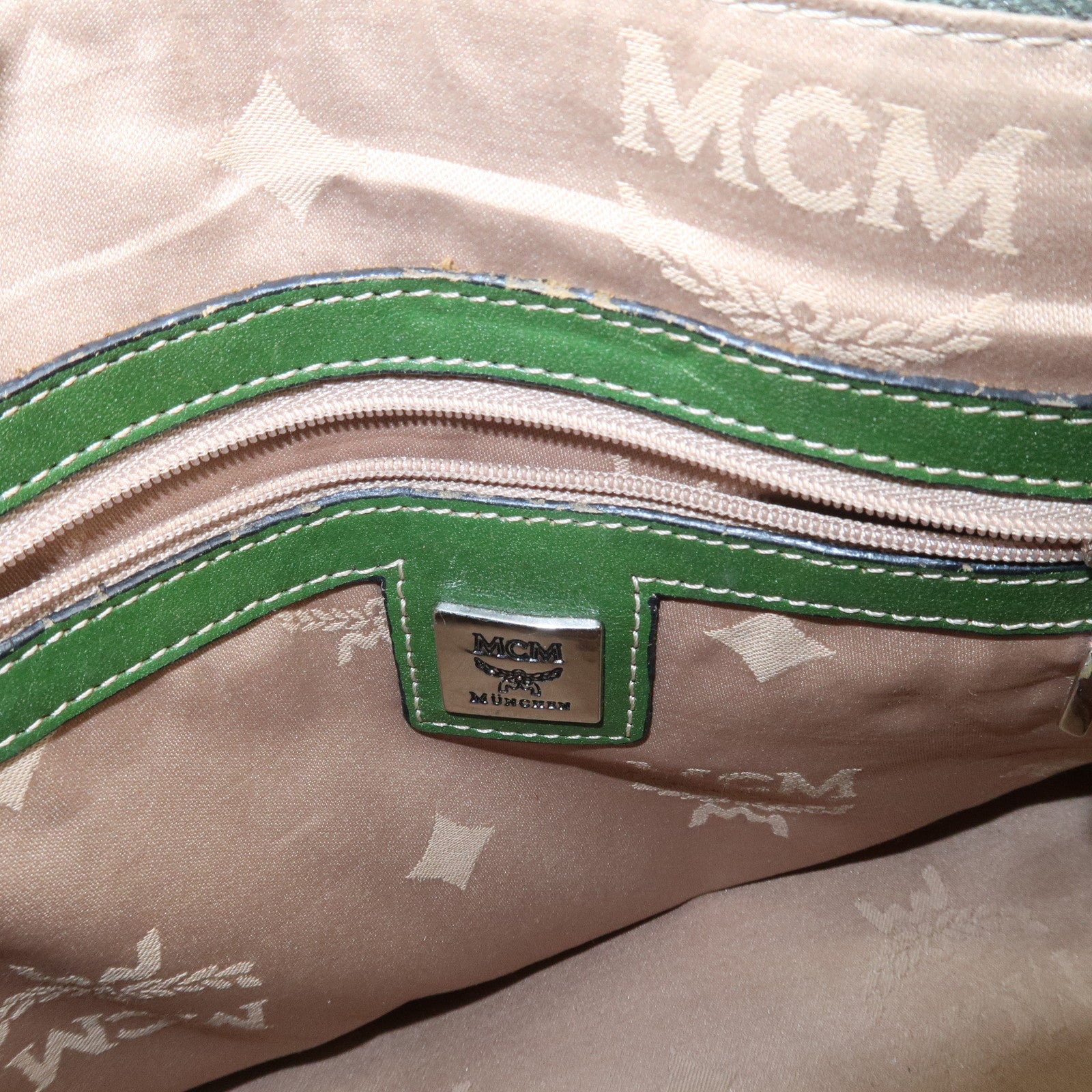 MCM Visetos PVC Coating Canvas Leather Boston Bag Beige Green
