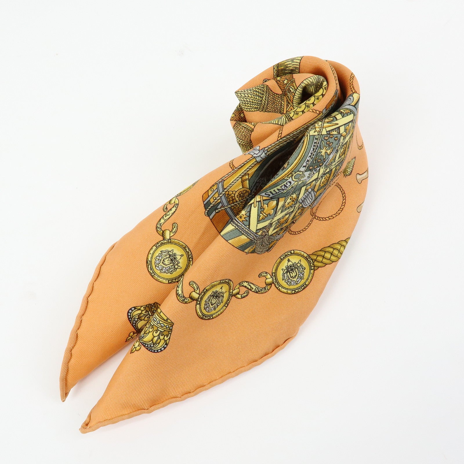 HERMES Carre 45 Silk 100% Scarf LES TAMBOURS Drum Print Orange Gold