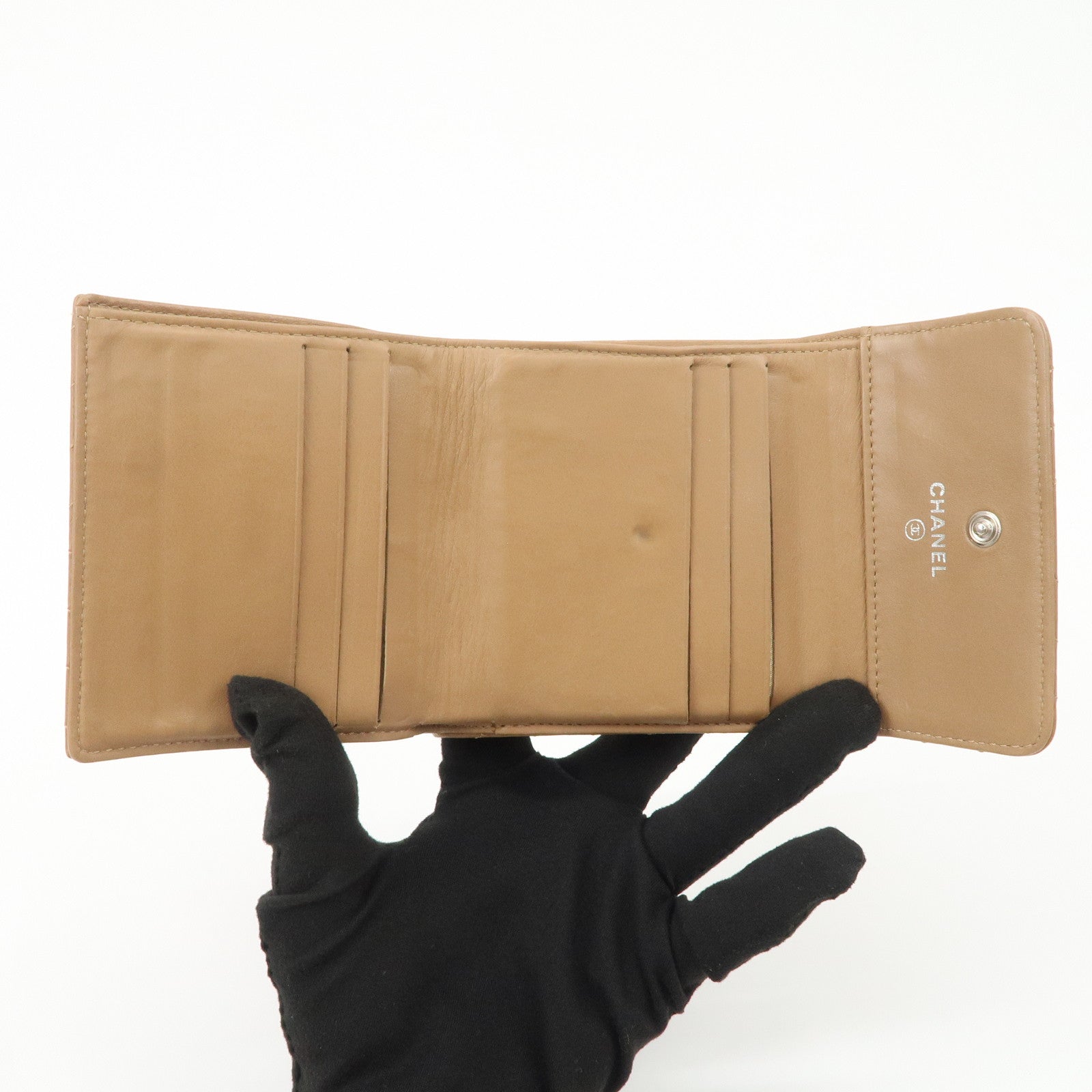 CHANEL Matelasse V Stitch Leather Tri-Fold Wallet Brown A34281