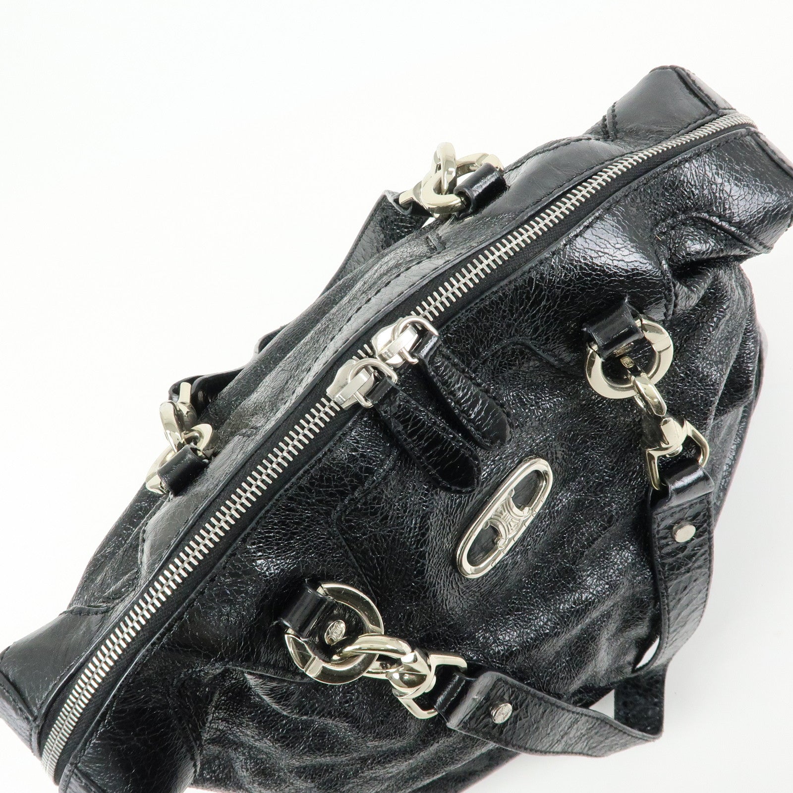 CELINE Patent Leather Macadam Stamped Boston Bag Hand Bag Black