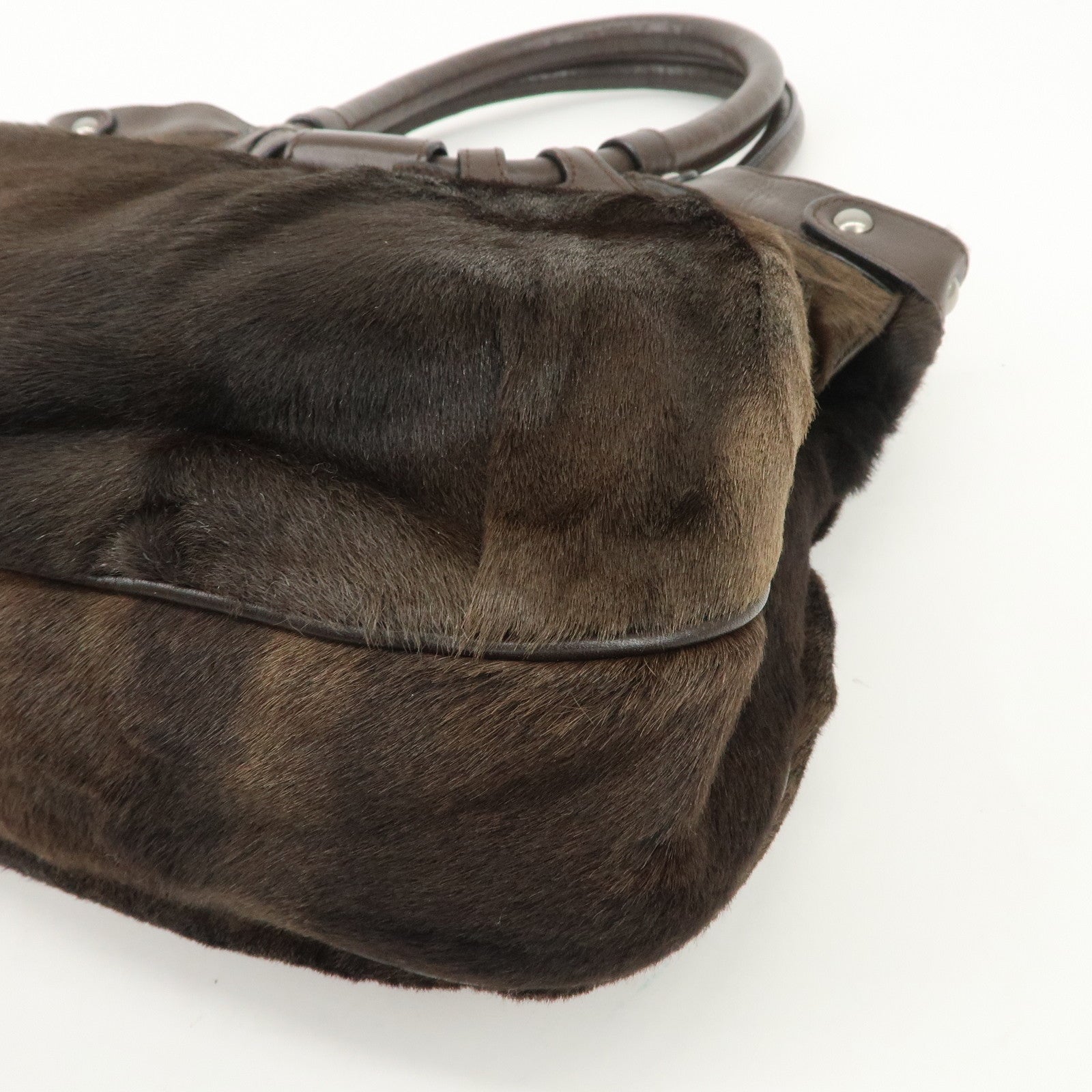 Ferragamo Gancini Unborn Calf Leather Hand Bag Dark Brown Used