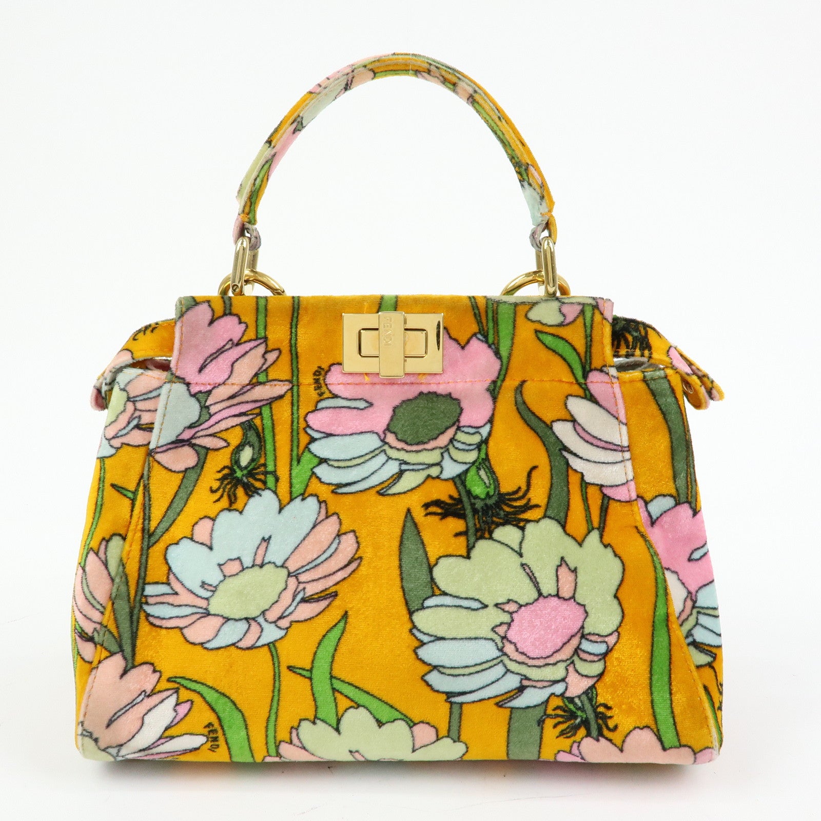 FENDI Peekaboo Mini Velour 2Way Hand Bag Flower Motif Orange 8BN244