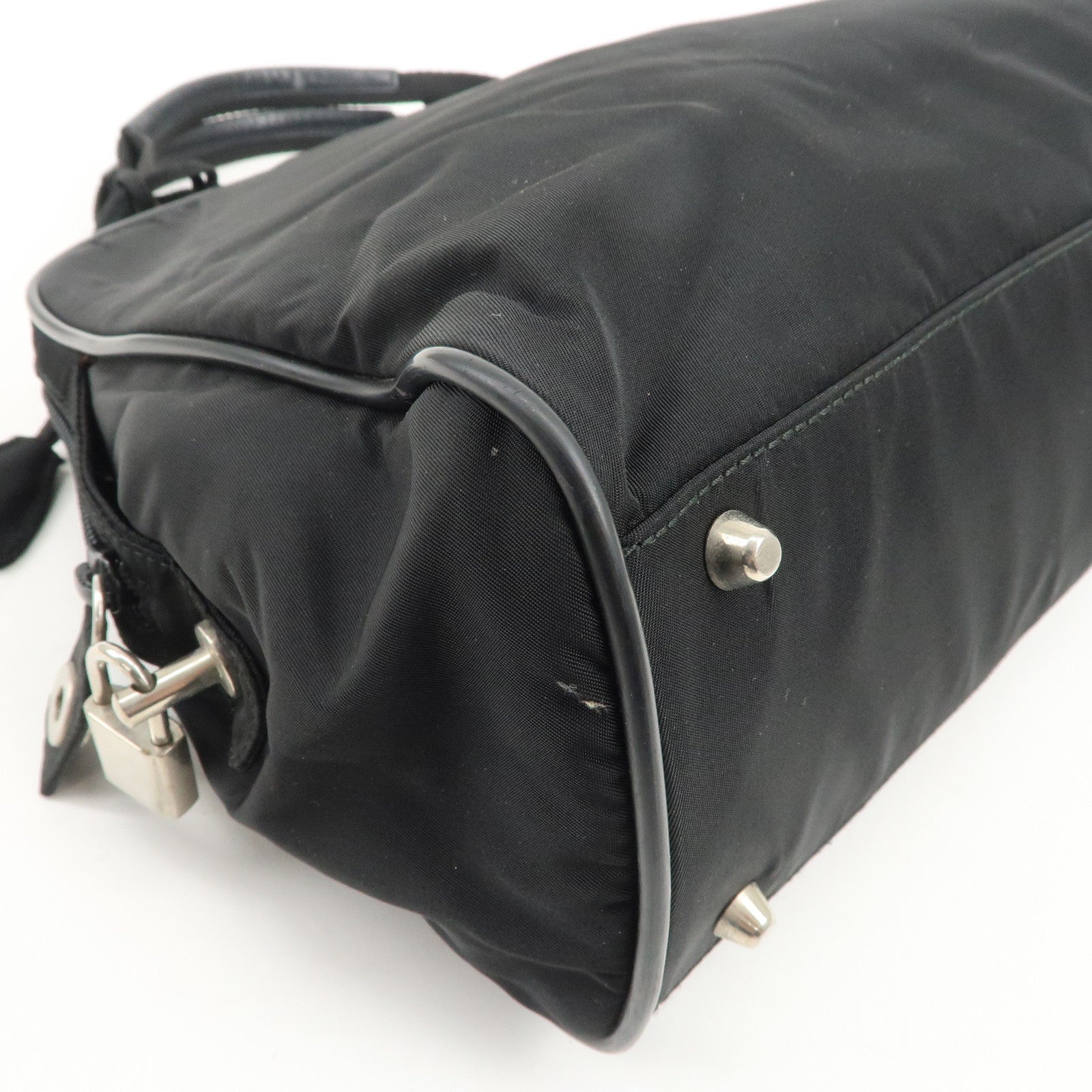 PRADA Triangle Logo Nylon Leather Hand Bag Boston Bag Black