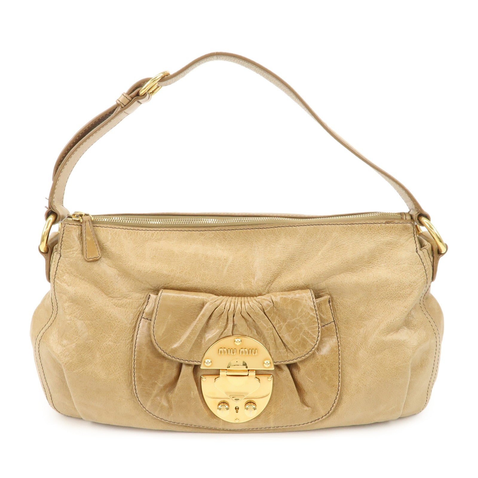 MIU MIU Leather Shoulder Bag Hand Bag Beige Gold Hardware