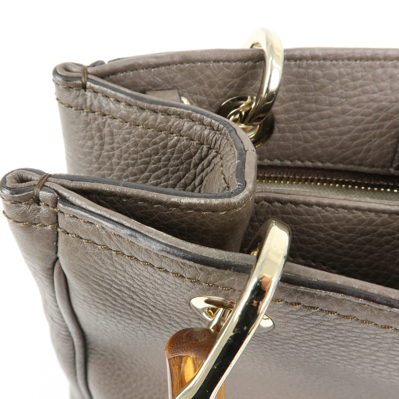 GUCCI Bamboo Leather Shopper Small 2Way Bag Greige 336032