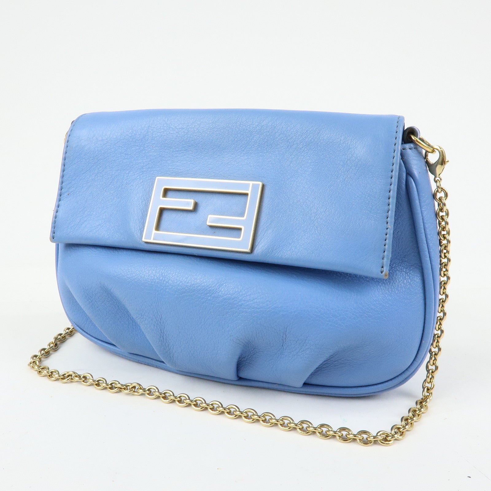 FENDI Leather Chain Shoulder Bag Crossbody Bag Light Blue 8M0276