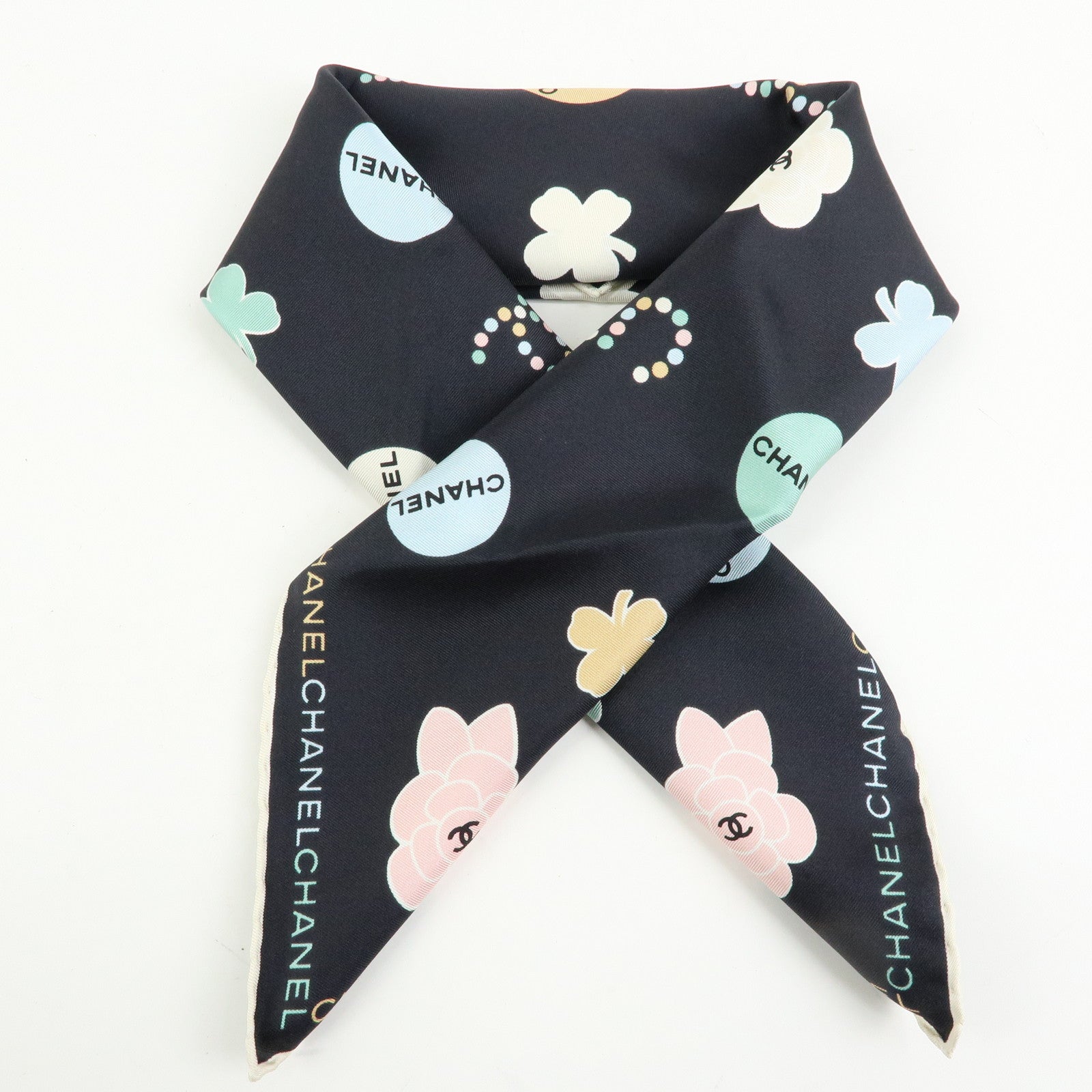 CHANEL No.5 Silk 100% Scarf Black Multicolor