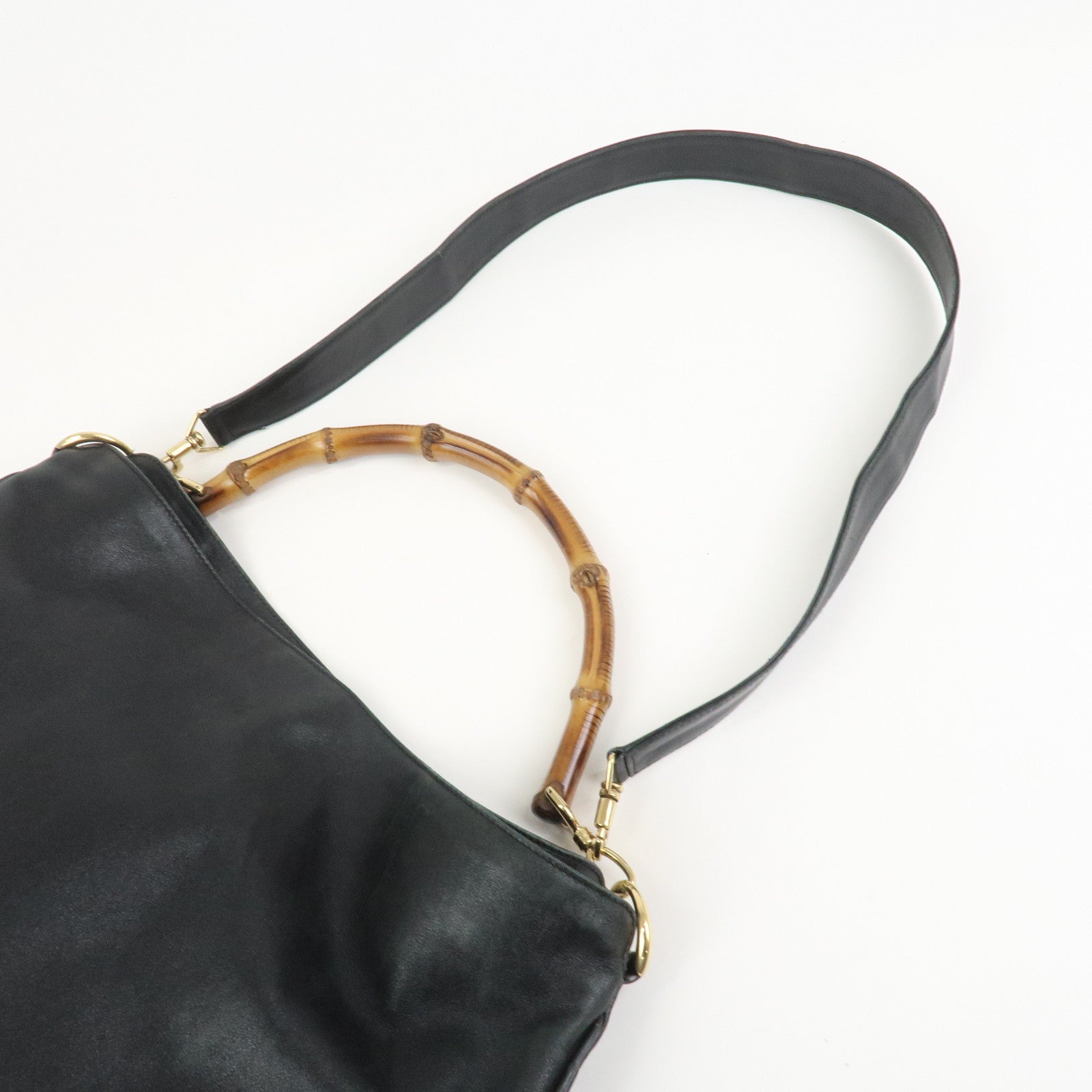 GUCCI Bamboo Leather 2Way Hand Bag Shoulder Bag Black 001郢晢ｽｻ2852