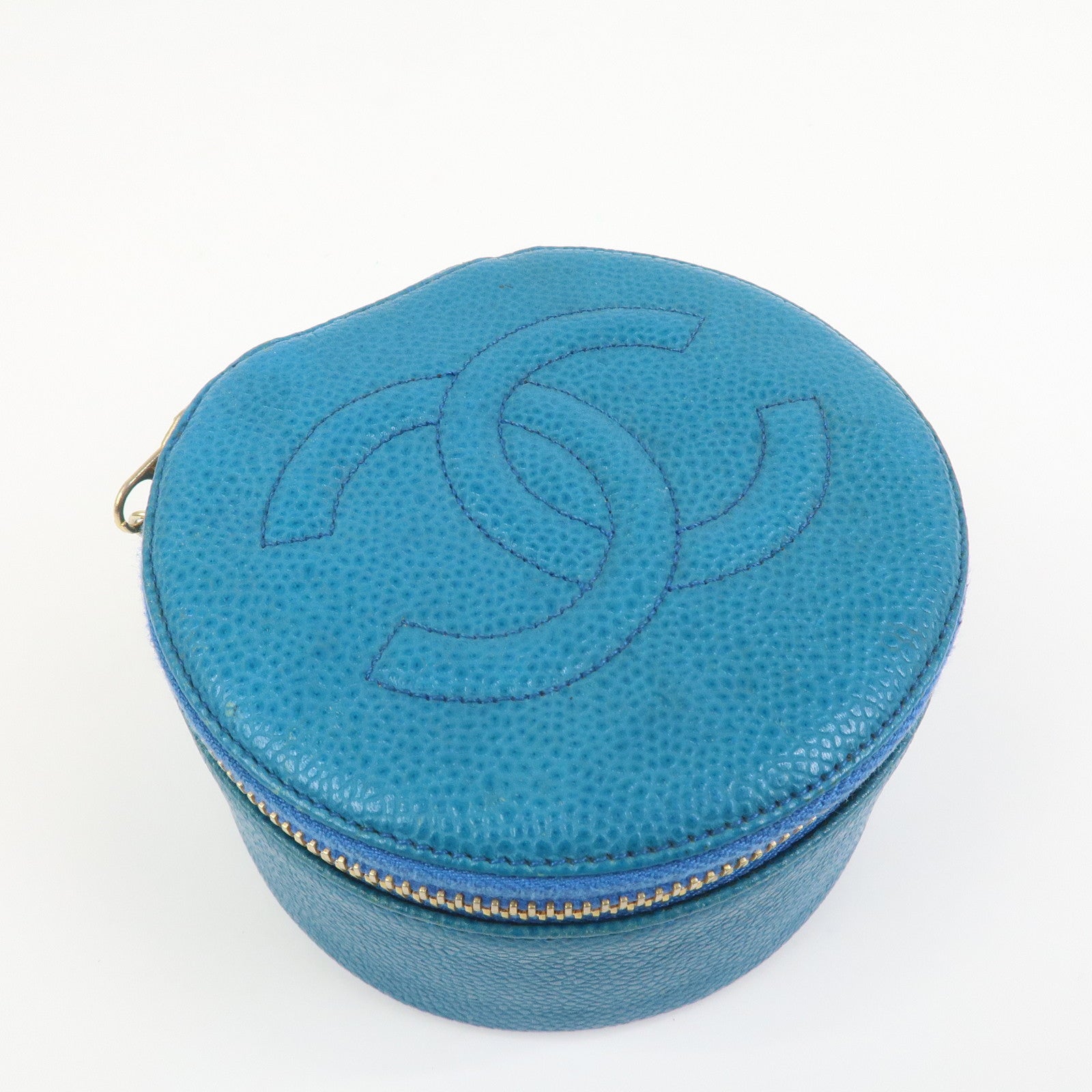 CHANEL COCO Mark Caviarskin Round Cosmetic Pouch Blue Gold