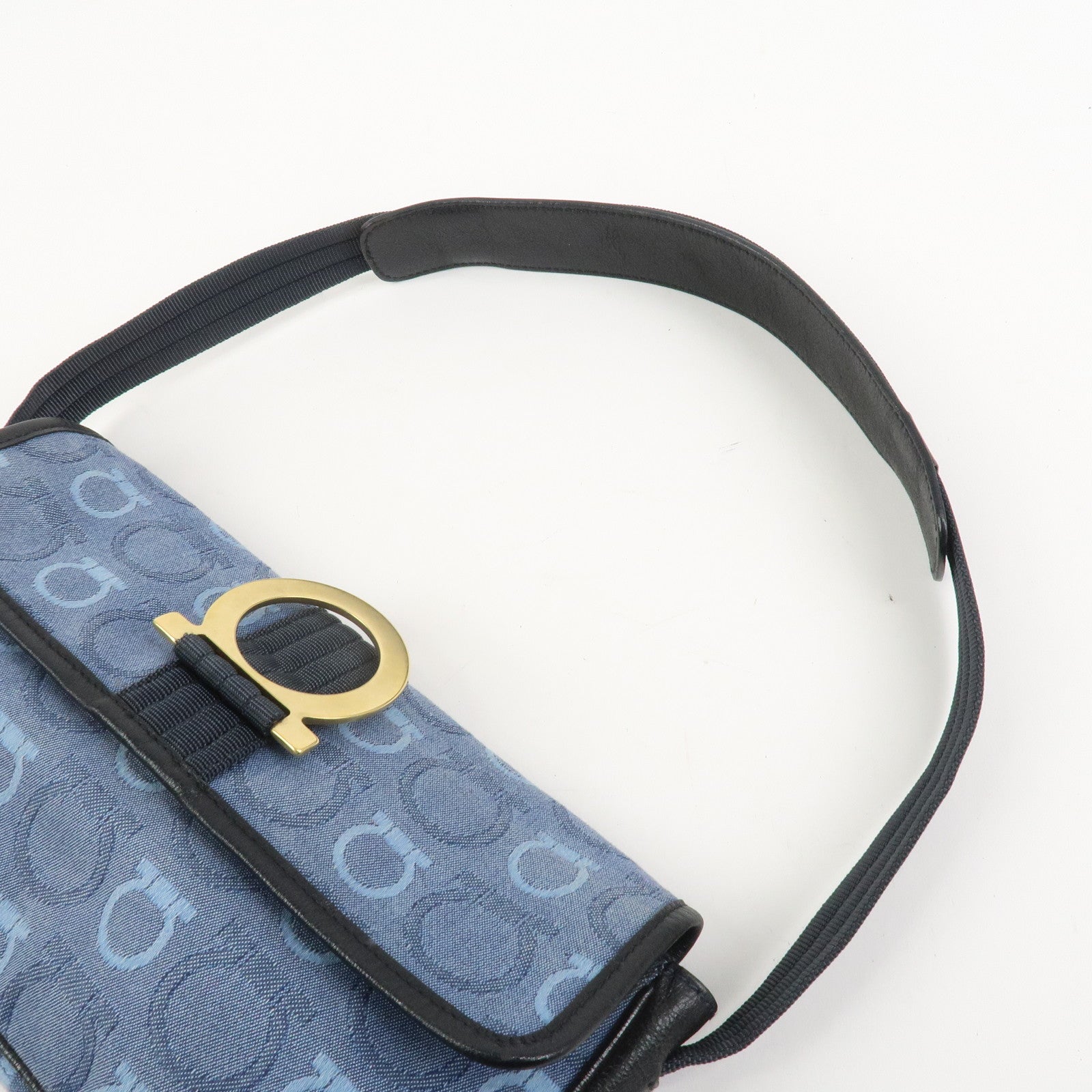 Ferragamo Gancini Canvas Leather Shoulder Bag Navy Black