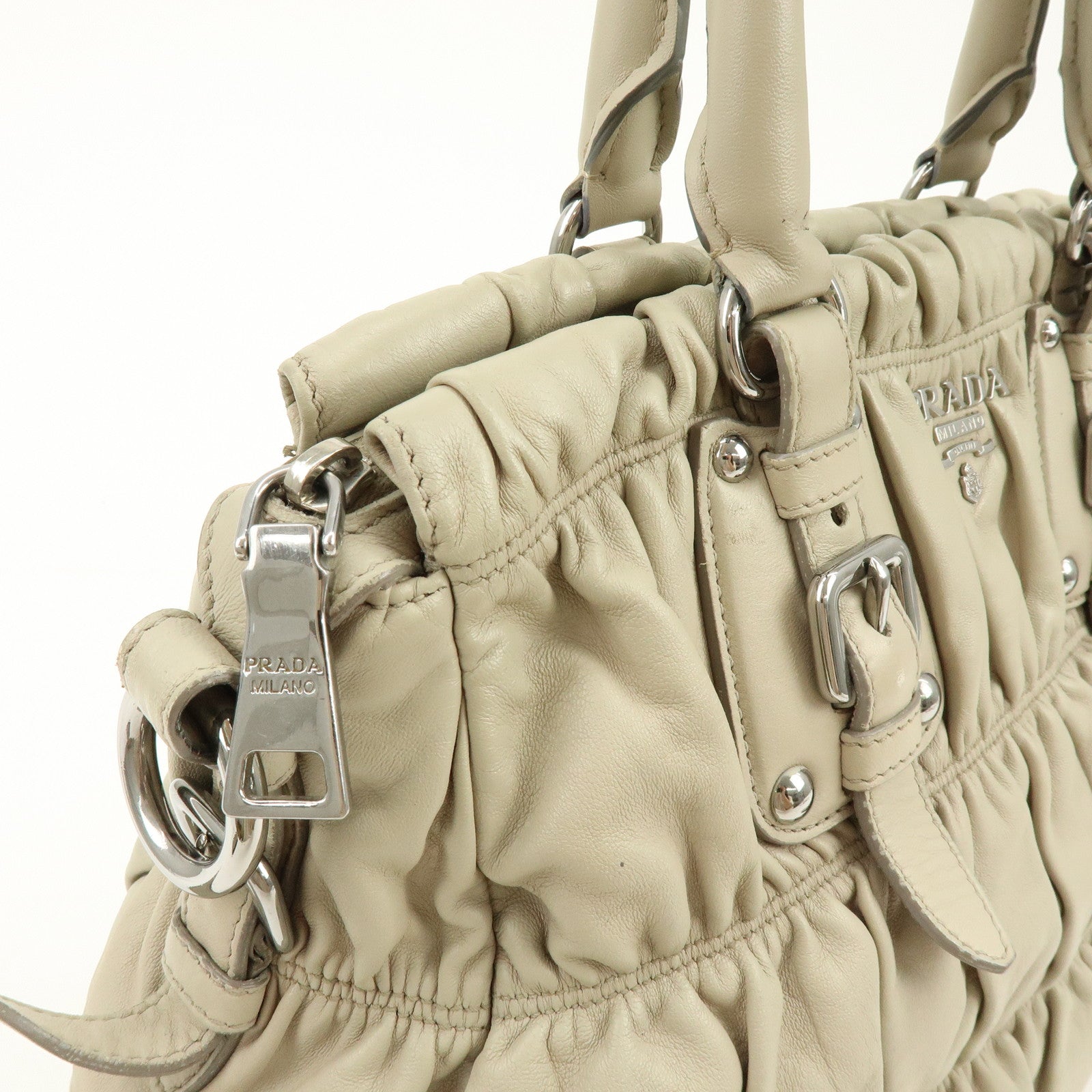 PRADA Leather 2Way Bag Hand Bag Shoulder Bag Beige