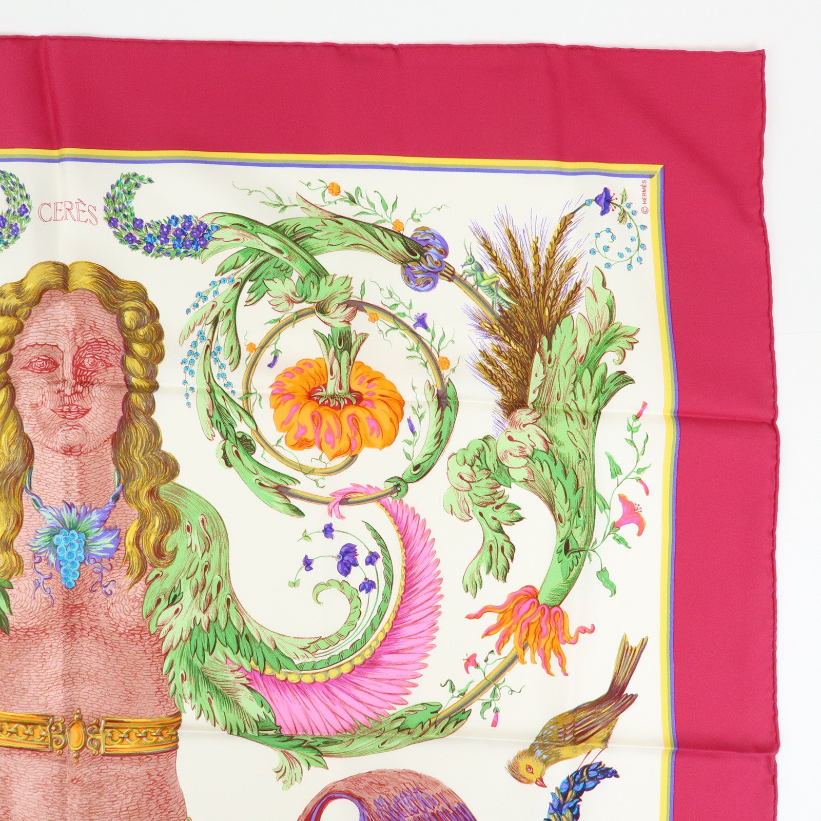HERMES Carre 90 Silk 100% Scarf CERES White Pink Yellow Green
