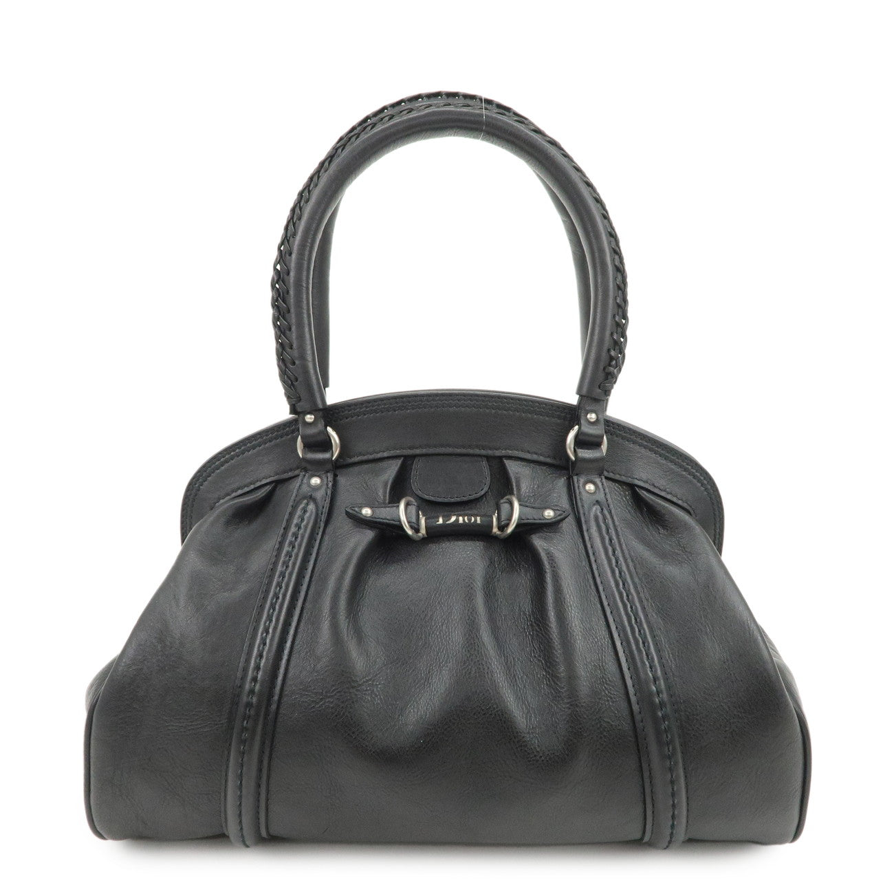 Christian Dior Logo Leather Hand Bag Shoulder Bag Black Silver