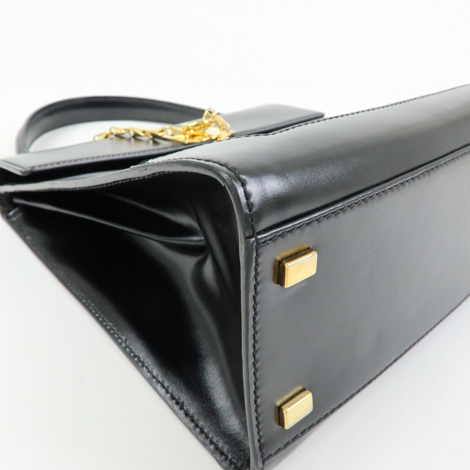 CELINE Leather Hand Bag Top-handle Bag Black Gold Chain