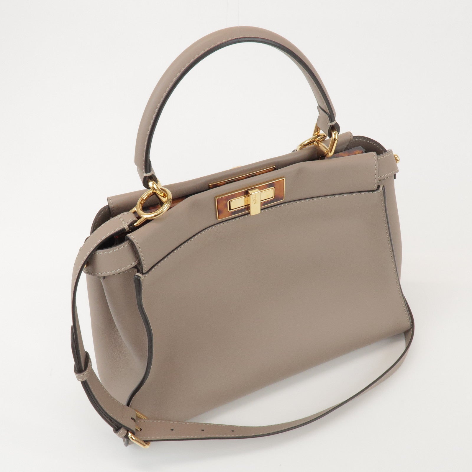 FENDI Peekaboo Leather Medium 2Way Hand Bag Greige Beige 8BN290