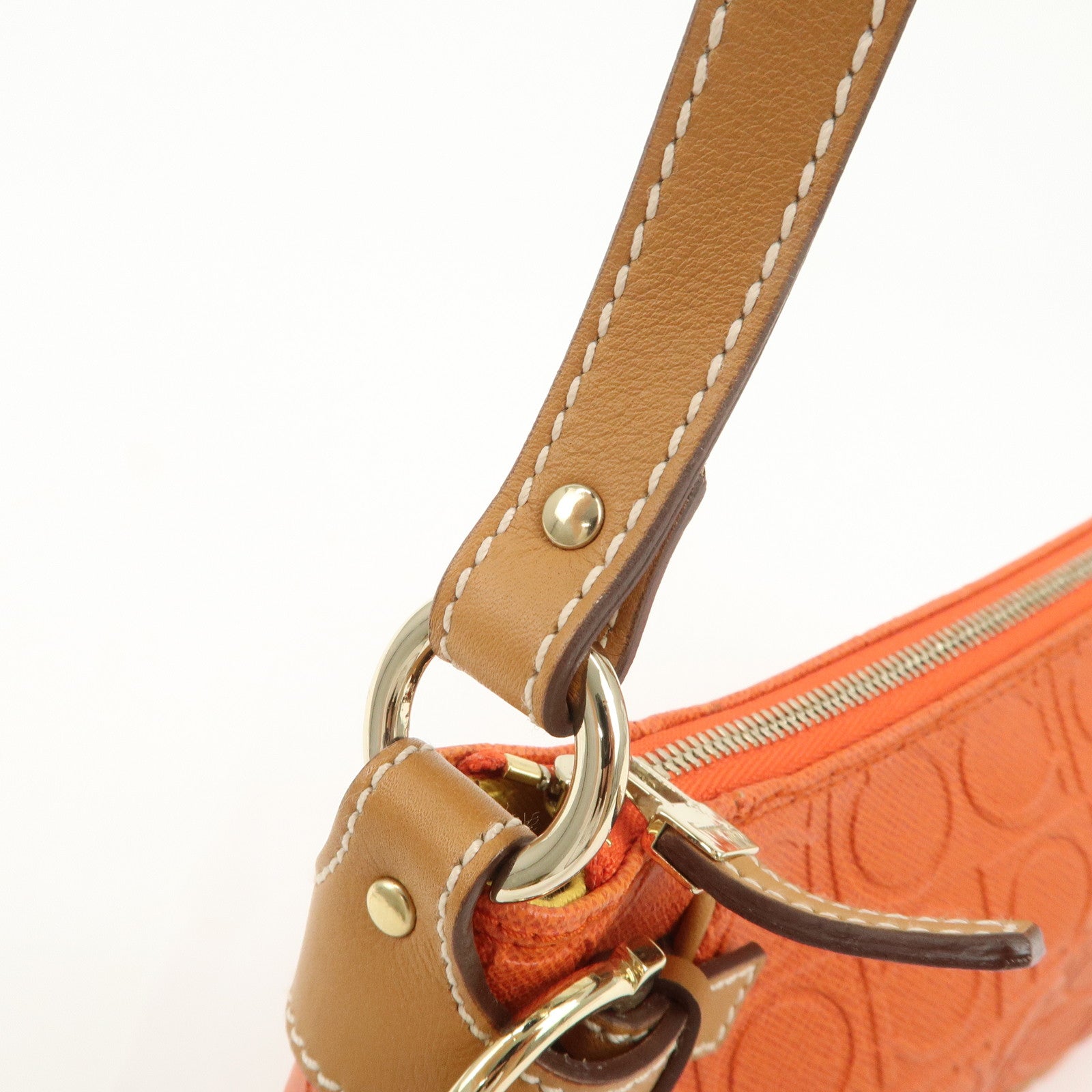 Ferragamo Gancini Leather Shoulder Bag Hand Bag Orange Beige