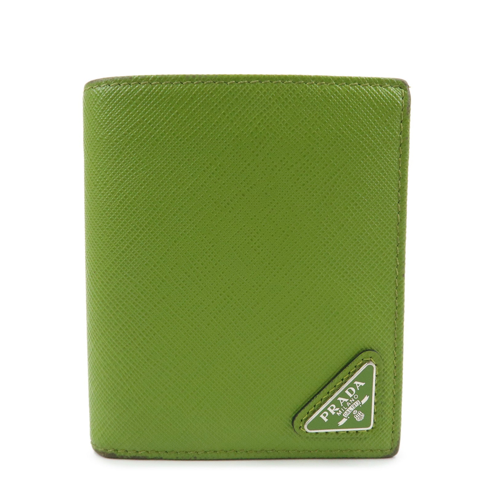 PRADA Triangle Logo Saffiano Leather Compact Wallet Light Green