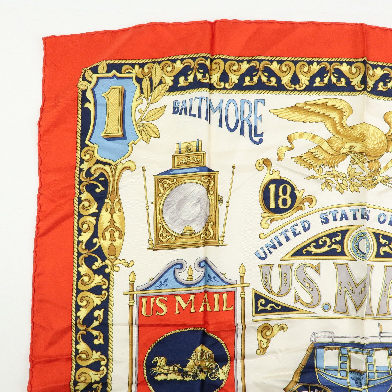 CELINE Silk Baltimore and Ohio Railroad Scarf 85x85 Red White Blue