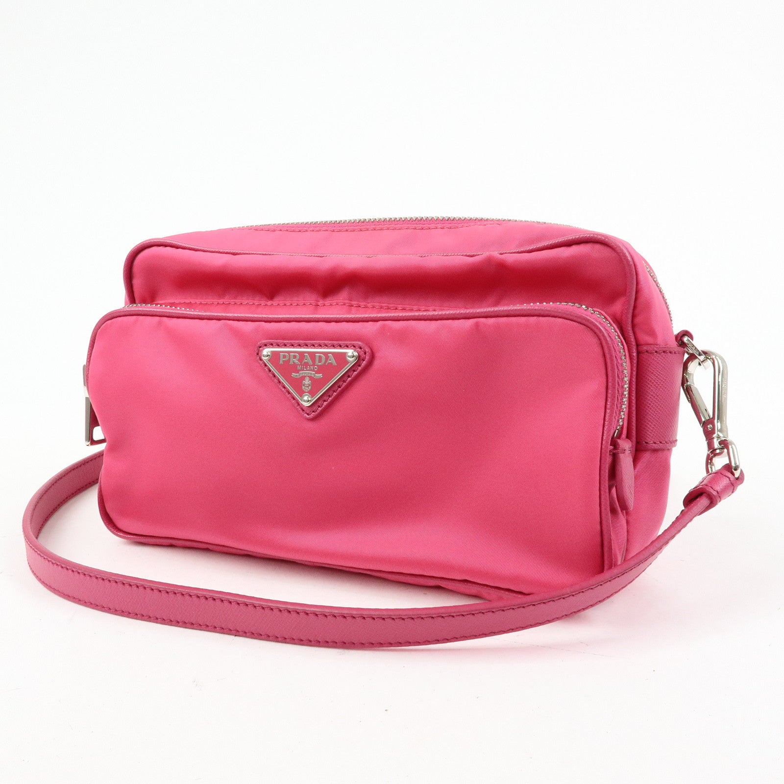 PRADA Triangle Logo Nylon Saffiano Leather Shoulder Bag Pink BT1010