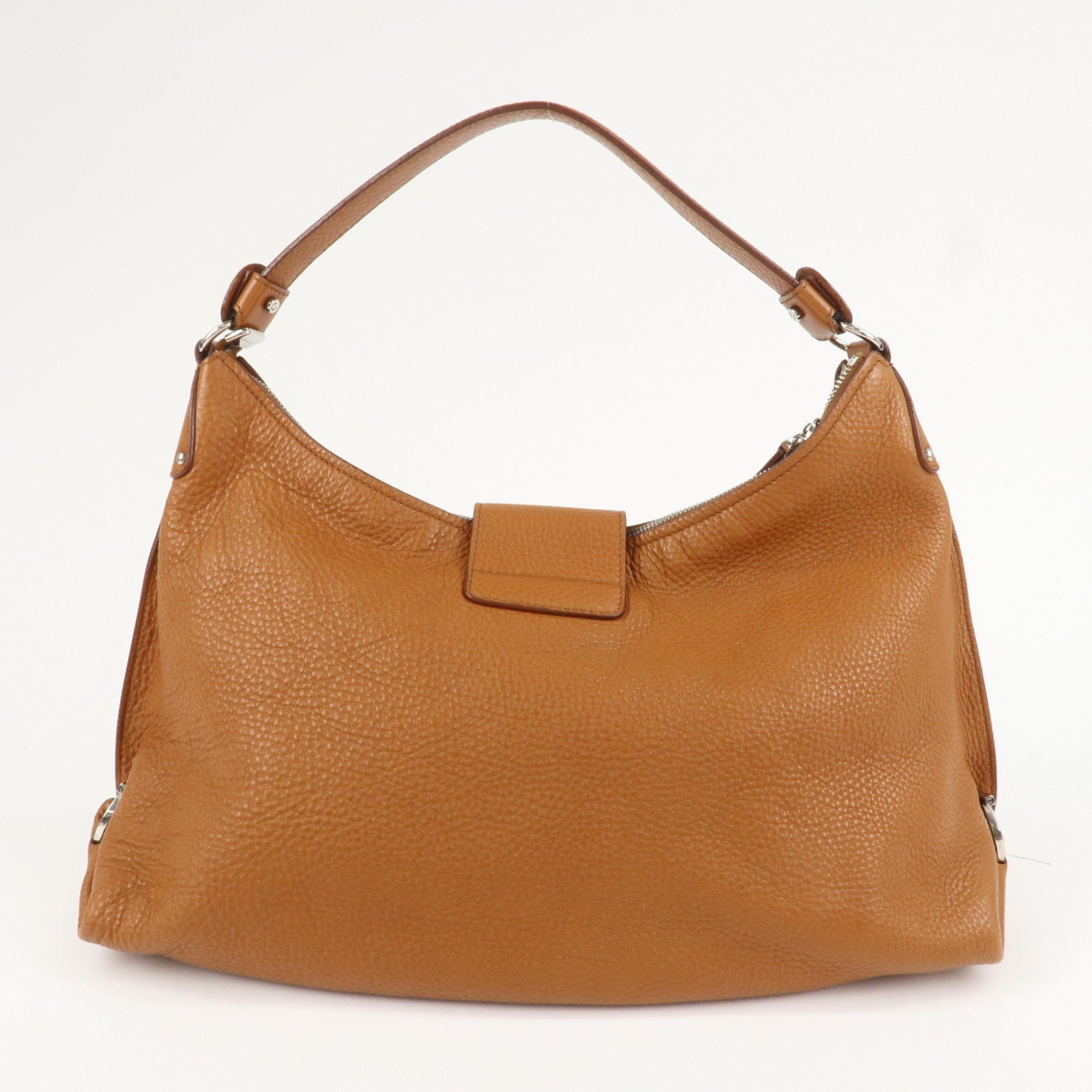 Ferragamo Gancini Leather Shoulder Bag Brown Silver Hardware Used