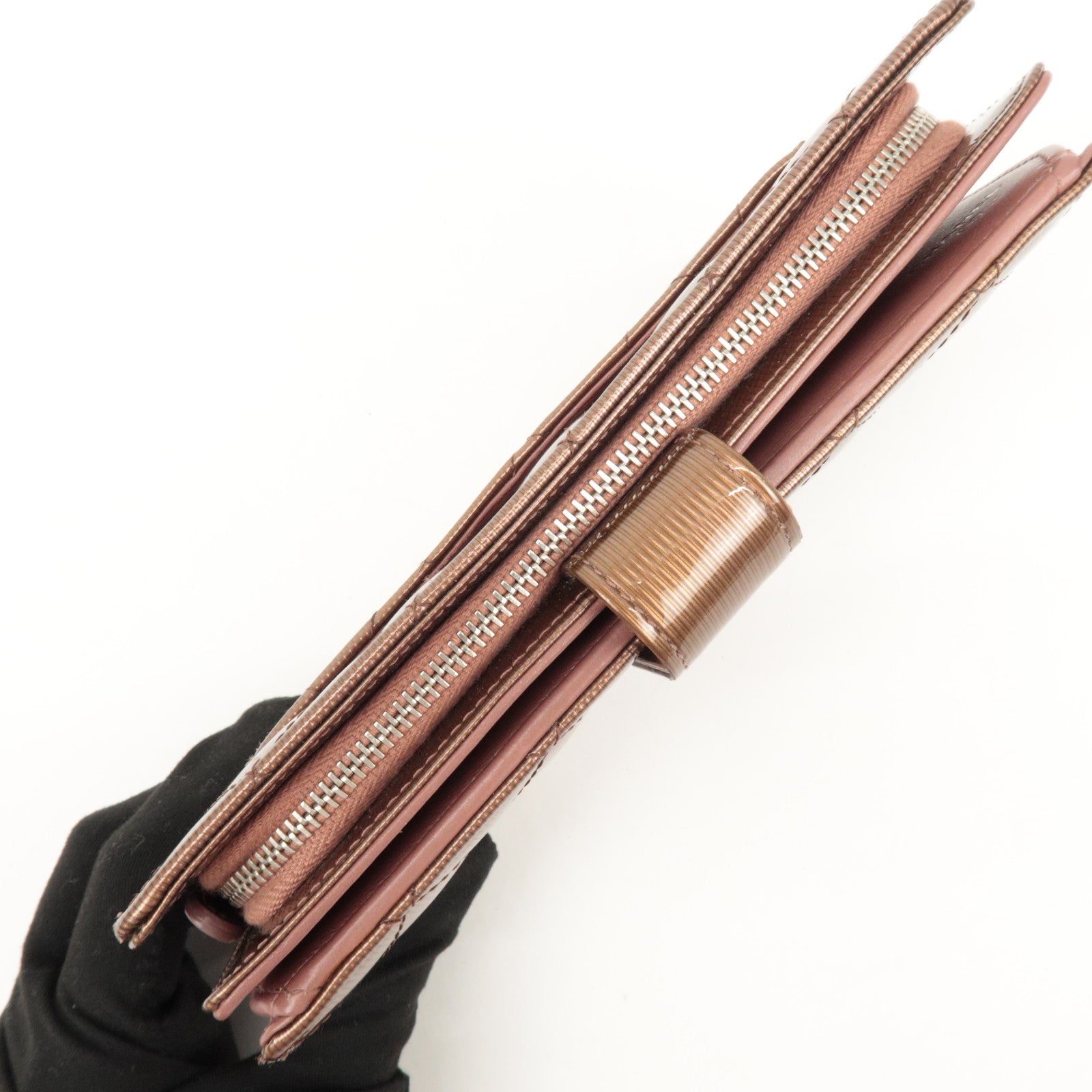 CHANEL Matelasse Patent Leather Long Wallet Silver HDW Brown Used