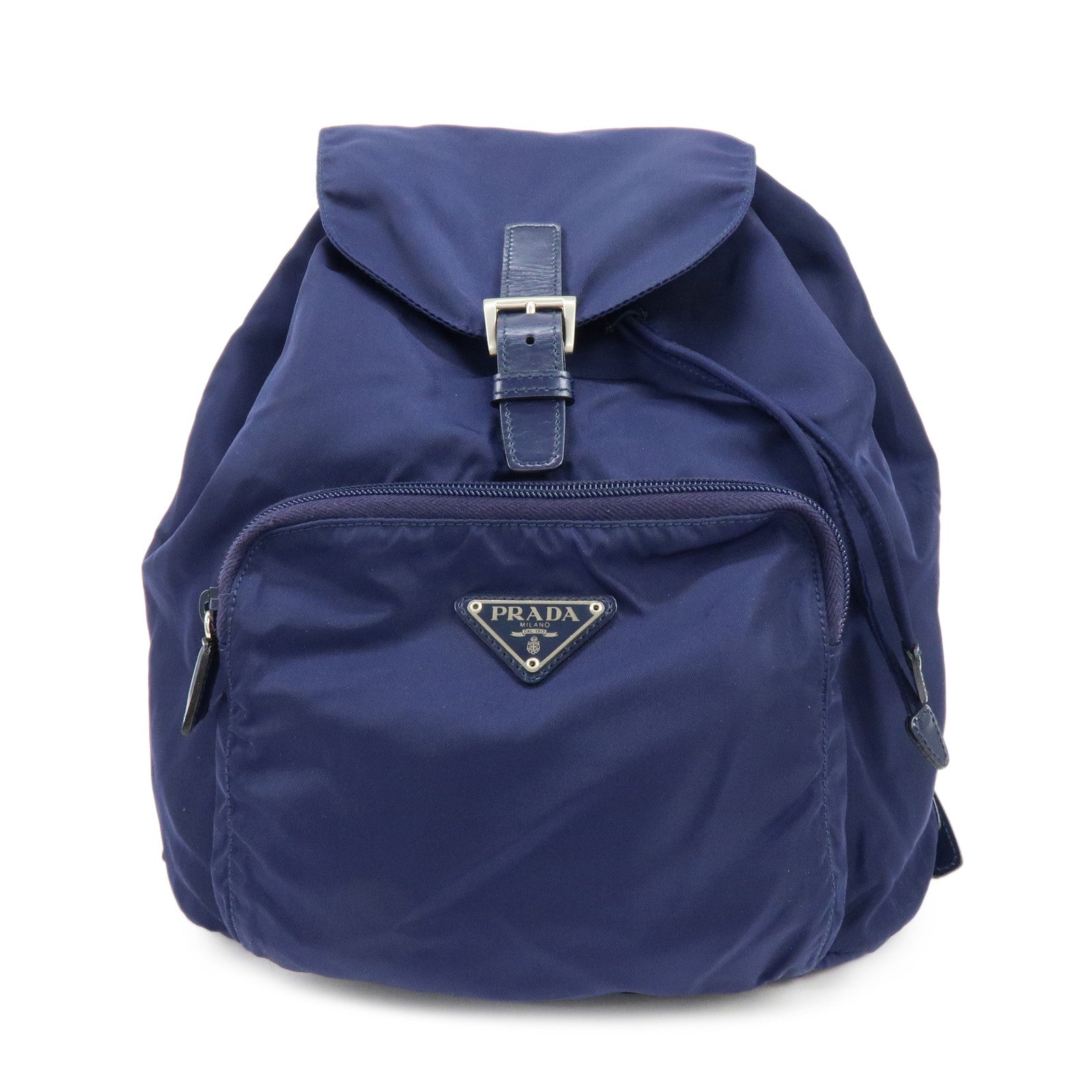 PRADA Triangle Logo Nylon Leather Backpack Rucksack Navy B4650F