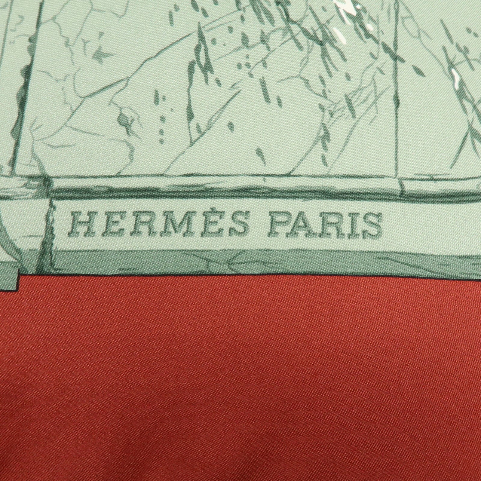 HERMES Carre 90 Silk 100% Scarf LA FONTAINE DE BARTHOLDI Gray Red
