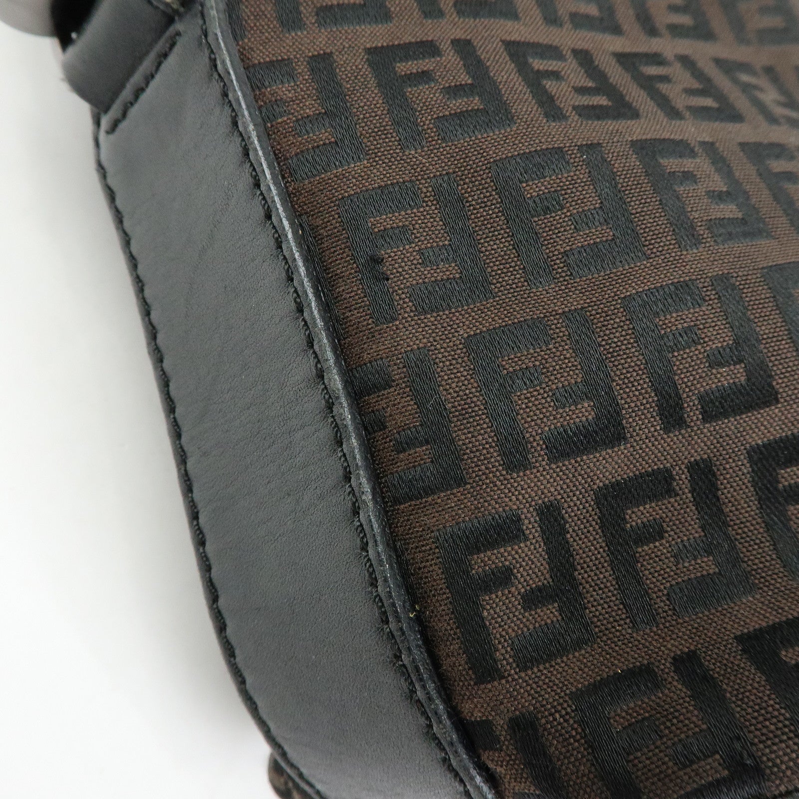 FENDI Zucchino Canvas Leather Shoulder Bag Brown Black 7VA004