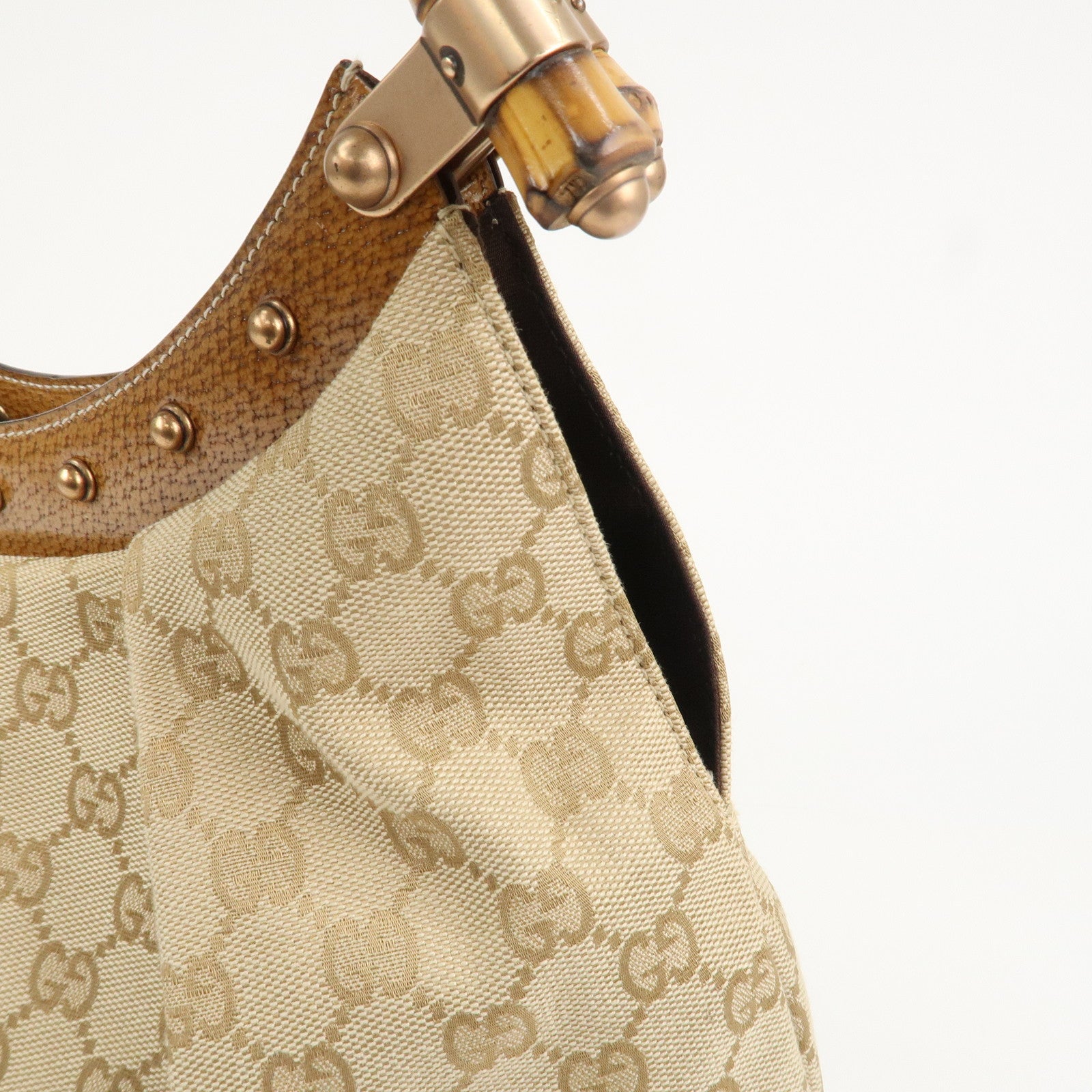 GUCCI Bamboo GG Canvas Leather Shoulder Bag Hand Bag Beige 124293