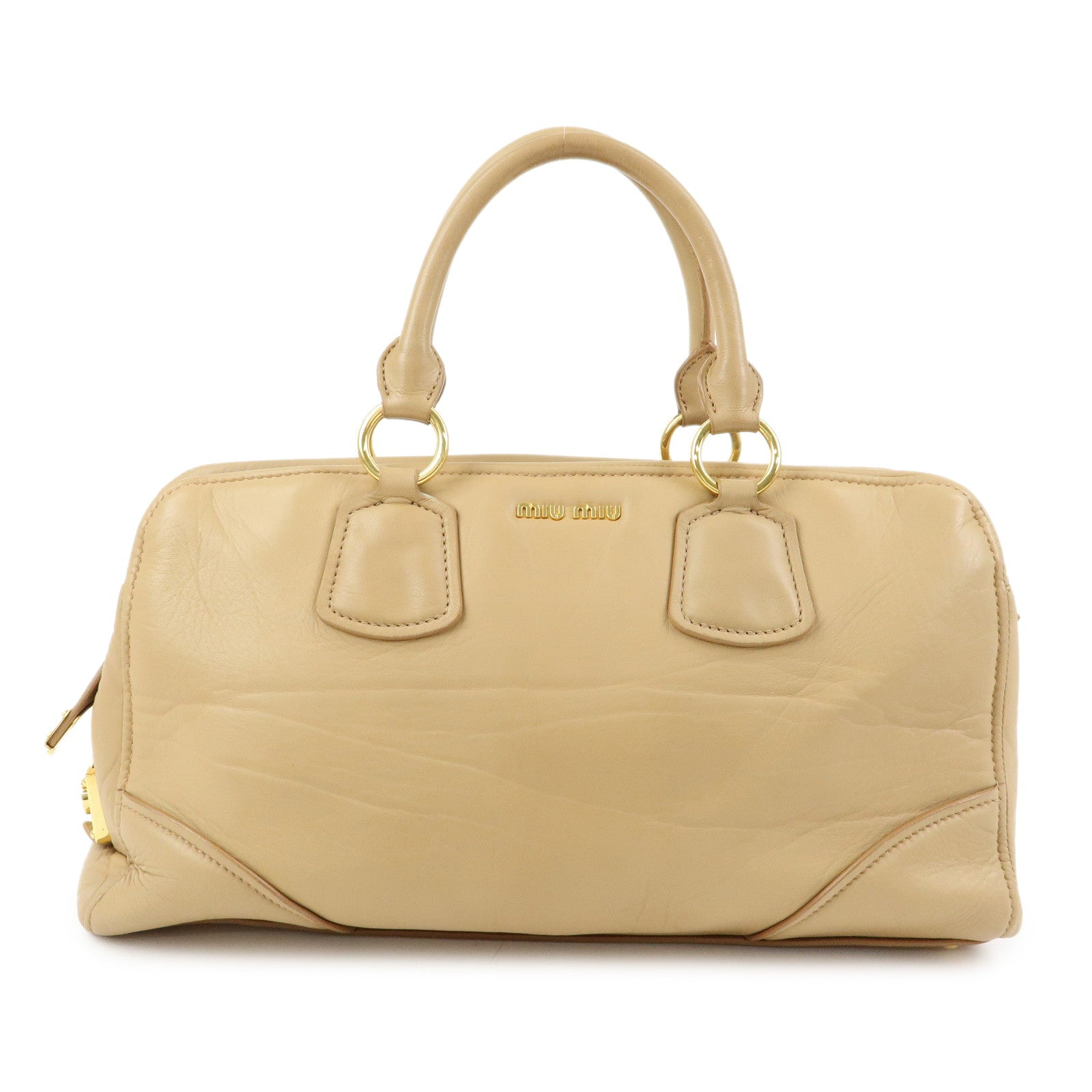 MIU MIU Logo Leather Hand Bag Boston Bag Beige