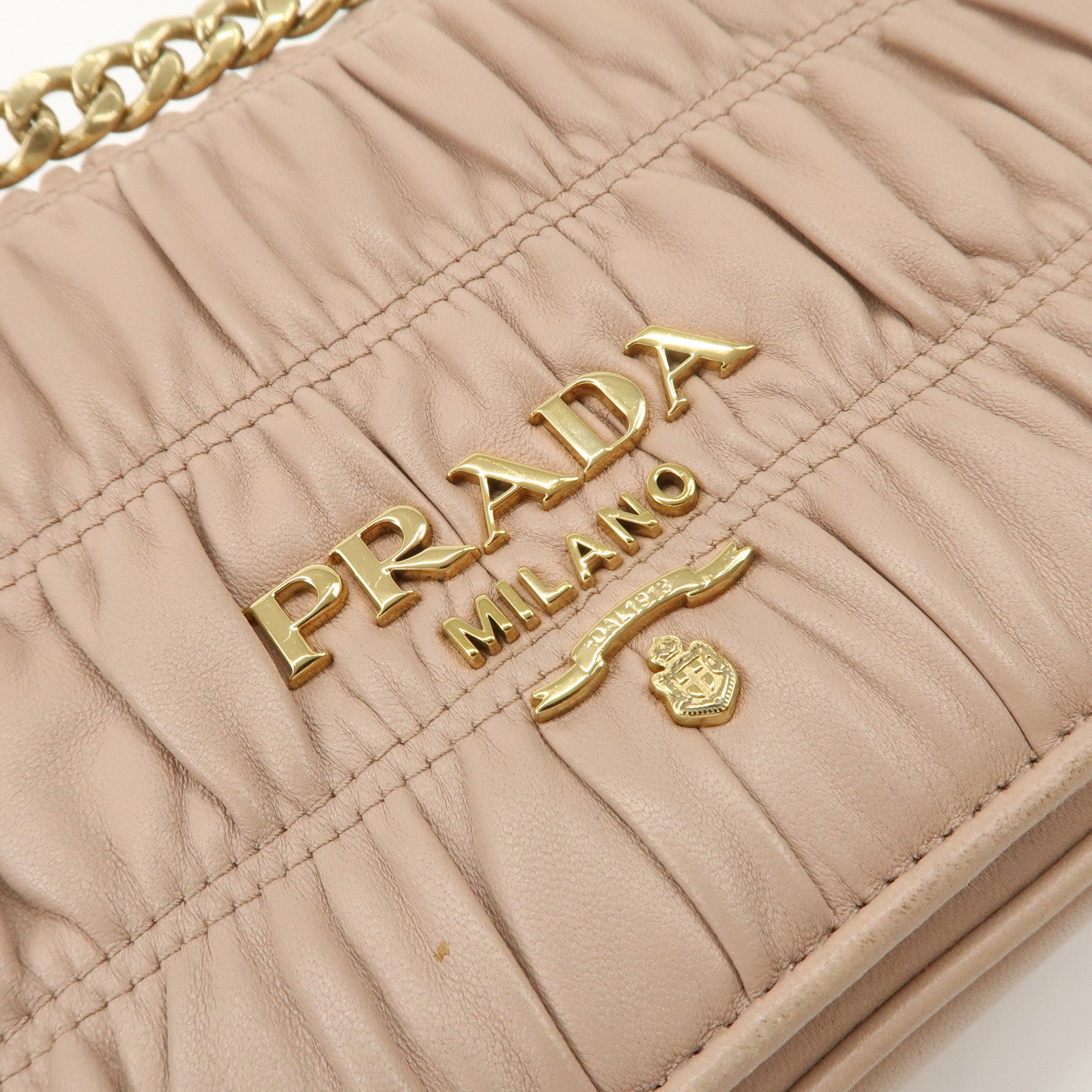 PRADA Logo Leather Gathered Chain Shoulder Bag Pink Beige 1BD147