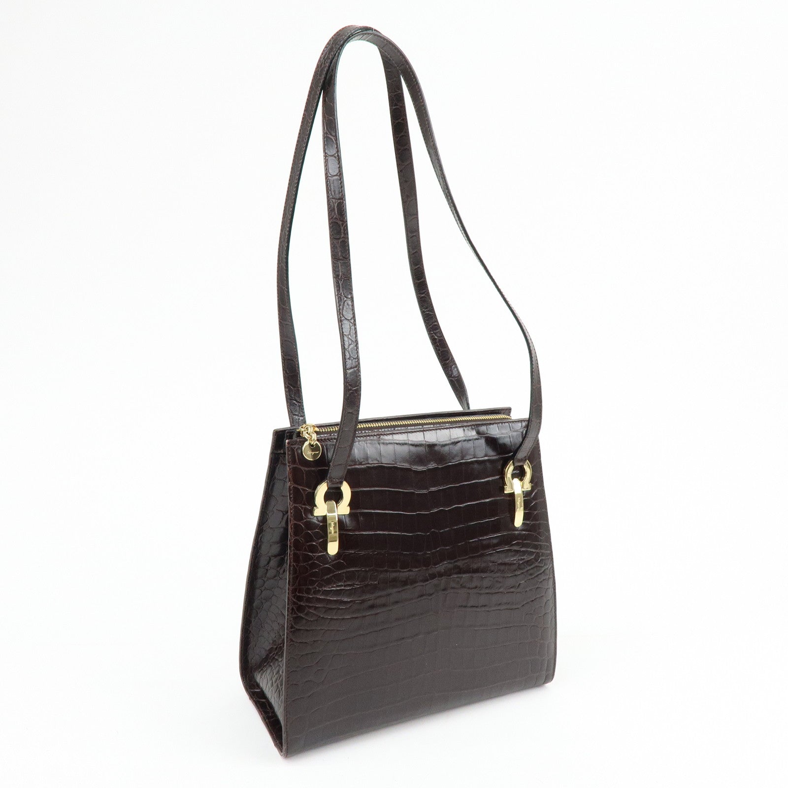 Ferragamo Gancini Embossed Leather Shoulder Bag Tote Bag Dark Brown