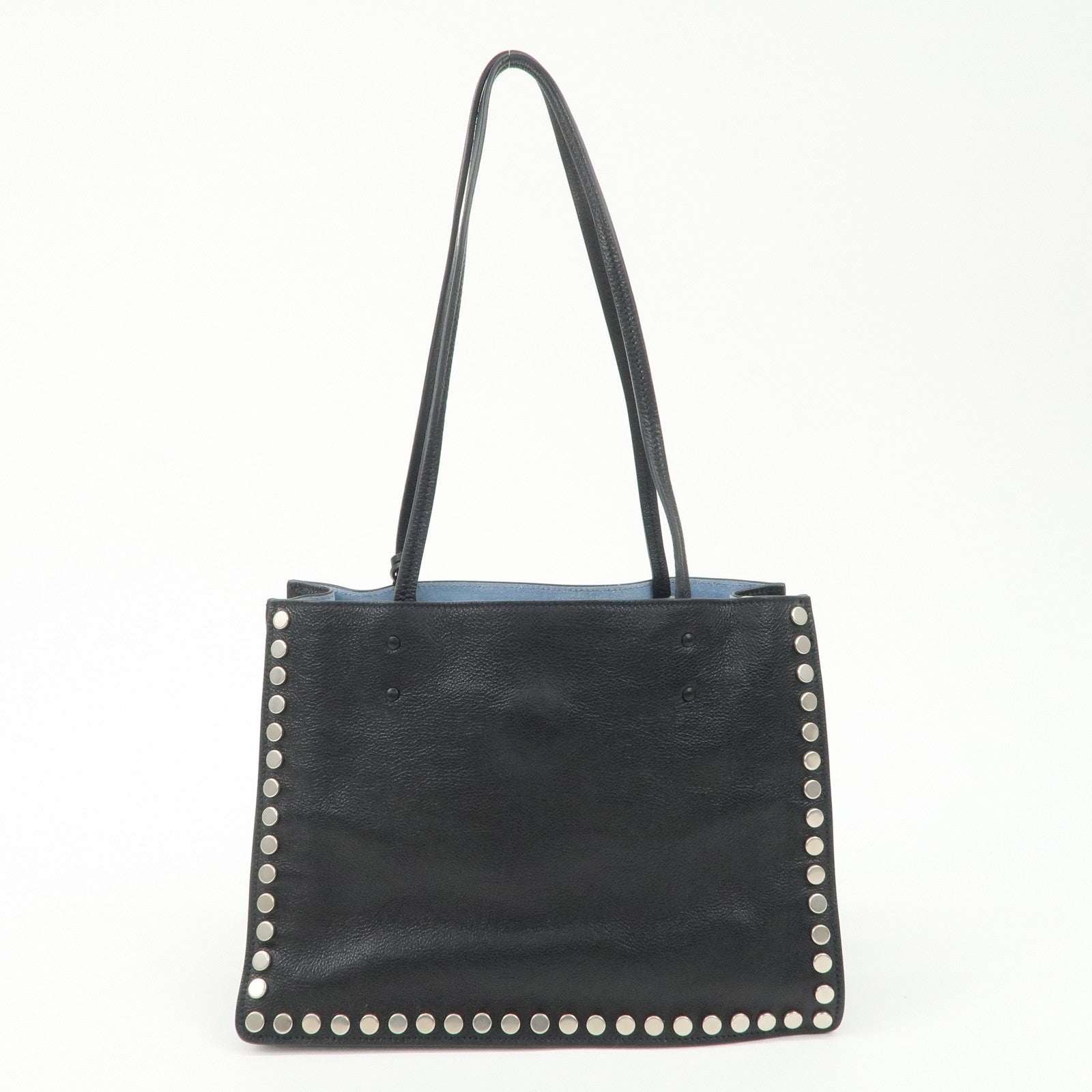 PRADA Logo Etiquette Leather Tote Bag Studs Black 1BG121