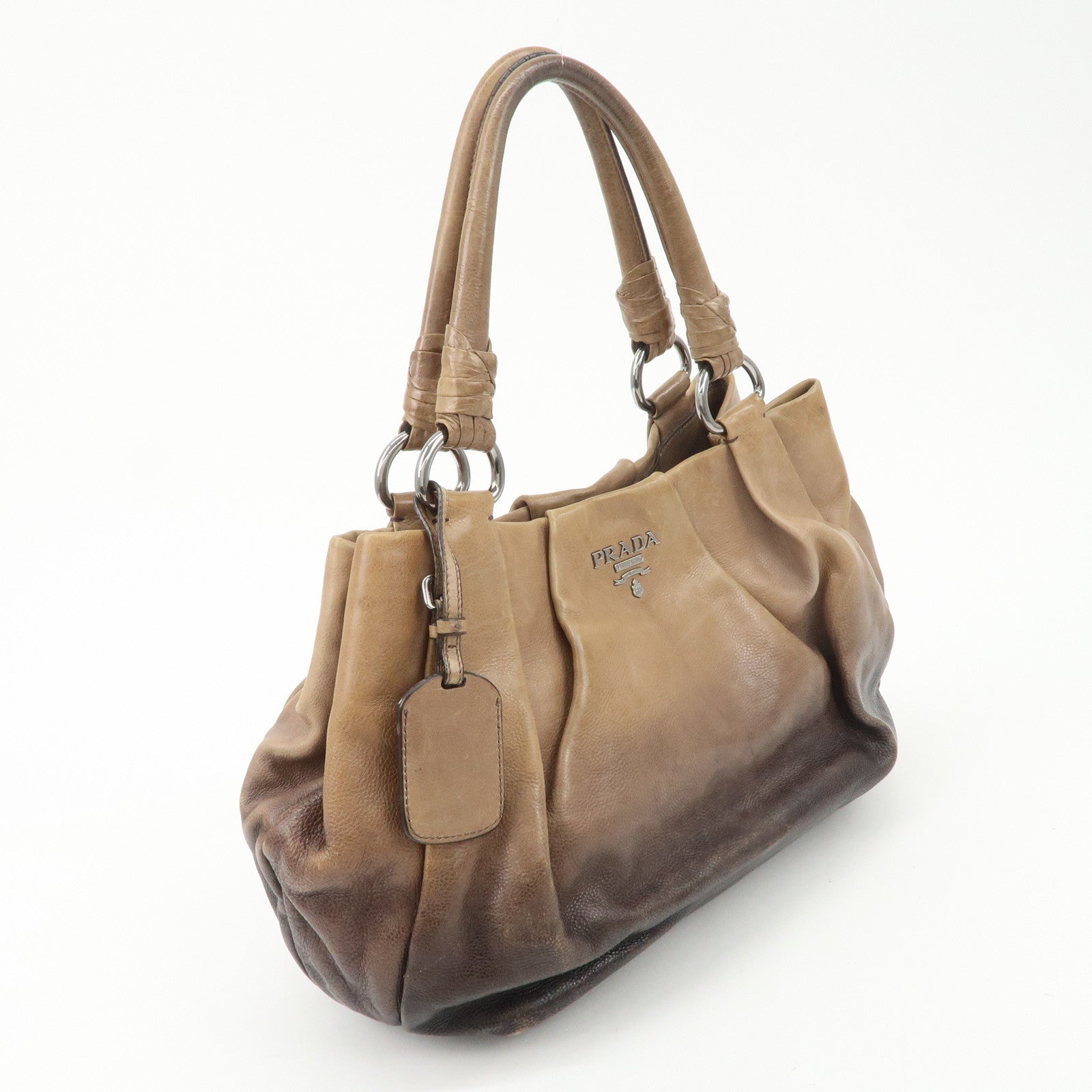 PRADA Logo Leather Tote Bag Shoulder Bag Silver HDW Black Beige