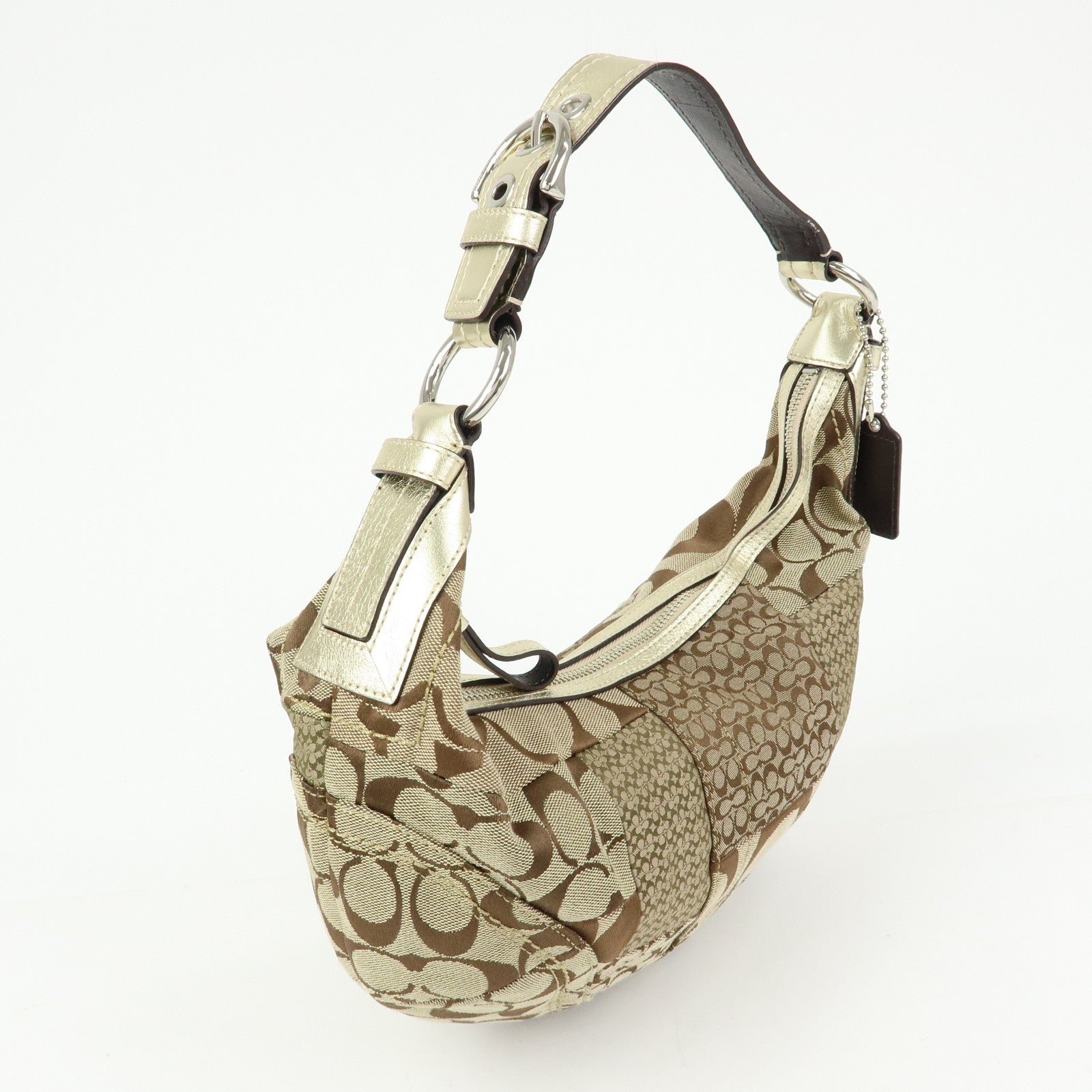 COACH Signature Patchwork Canvas Leather Shoulder Bag Beige Gold