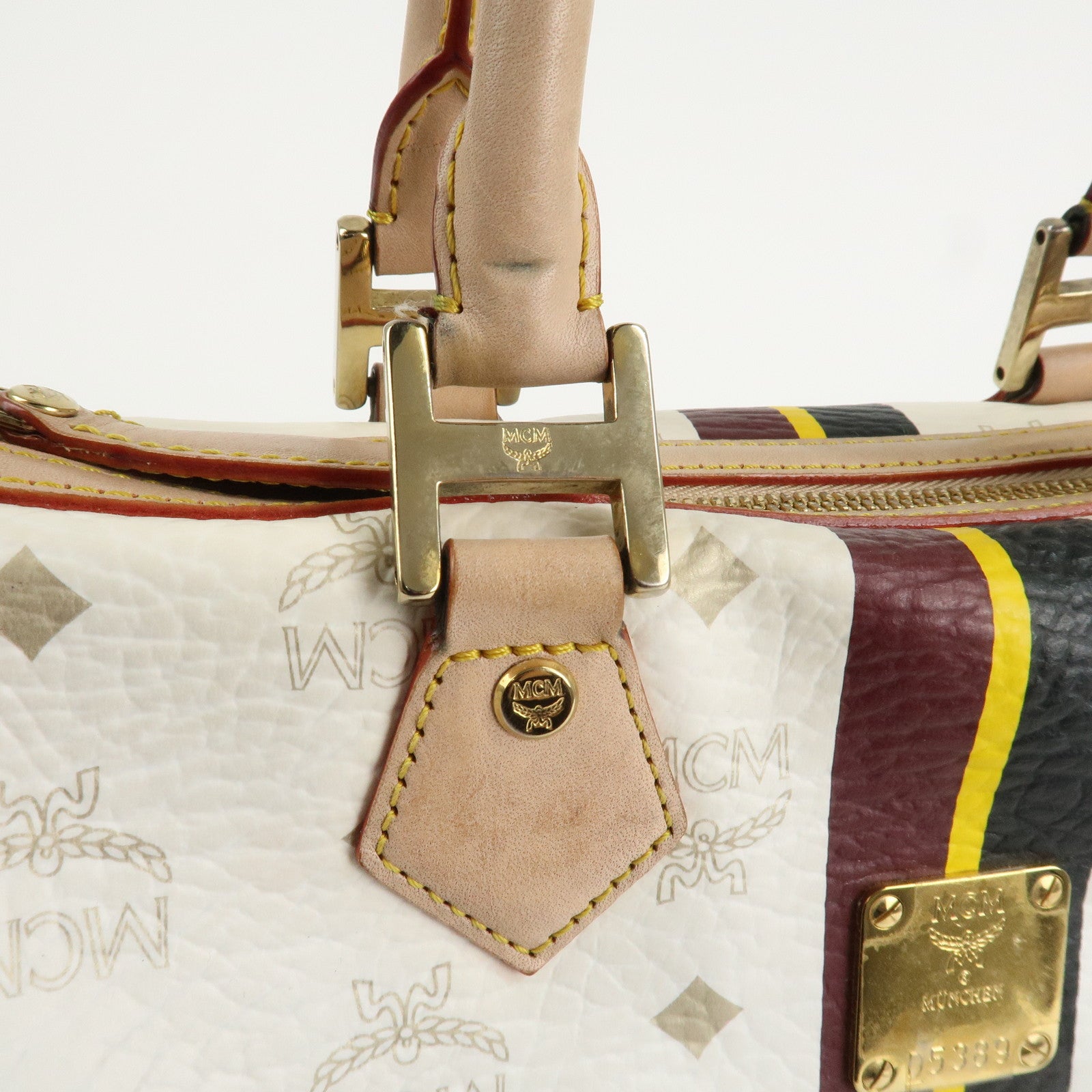MCM Visetos Leather Boston Bag Hand Bag Beige White Used